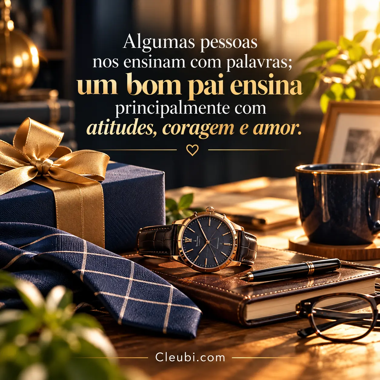 Imagem de Dia Dos Pais com a mensagem: Algumas pessoas nos ensinam com palavras; um bom pai ensina principalmente com atitudes, coragem e amor.