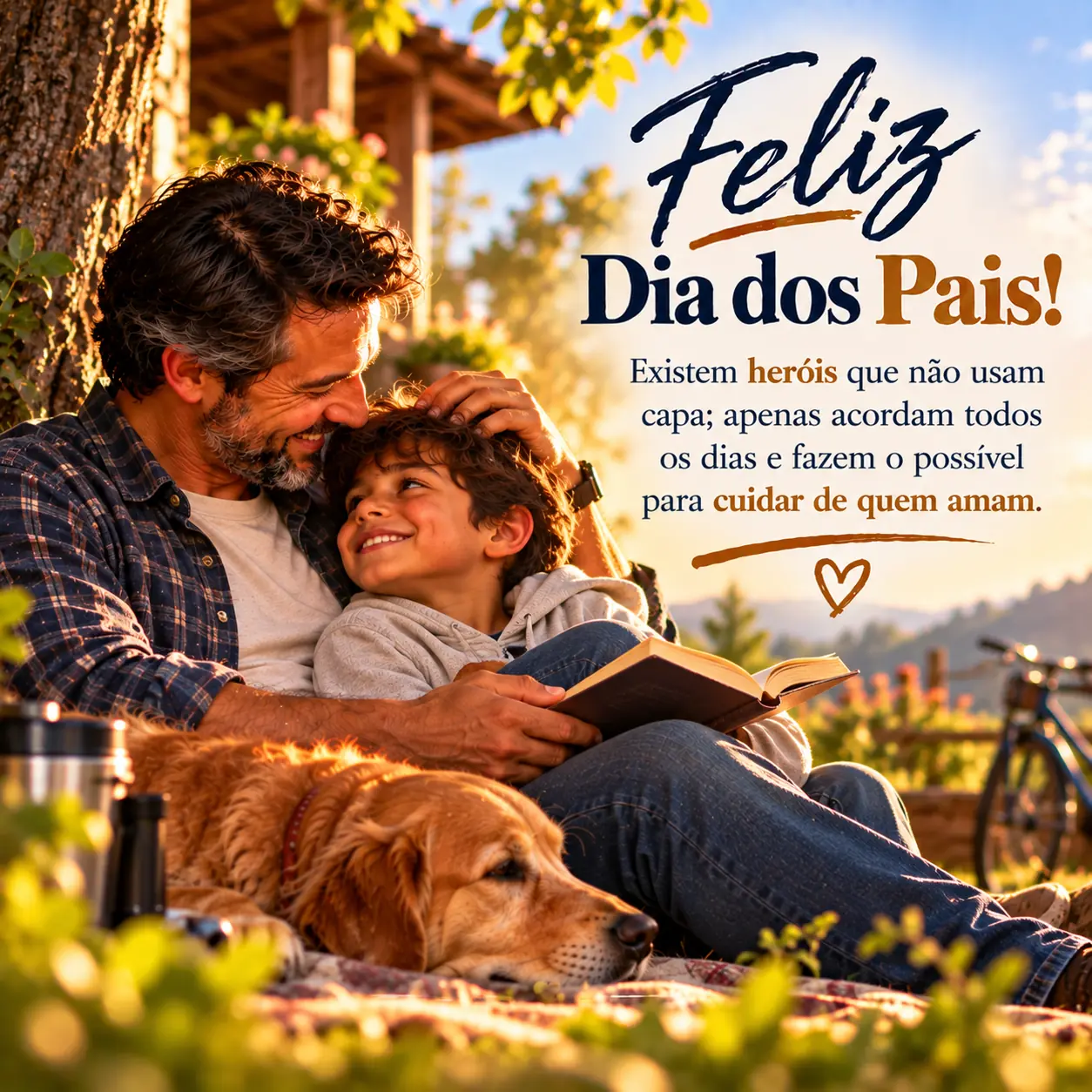 Imagem de Dia Dos Pais com a mensagem: Existem heróis que não usam capa; apenas acordam todos os dias e fazem o possível para cuidar de quem amam.