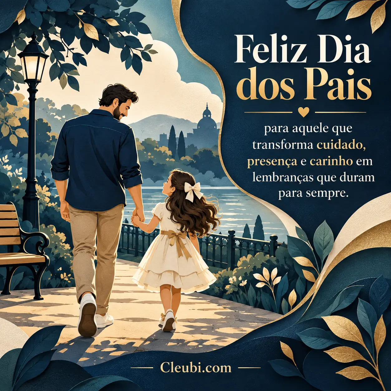 Imagem de Dia Dos Pais com a mensagem: Feliz Dia dos Pais para aquele que transforma cuidado, presença e carinho em lembranças que duram para sempre.
