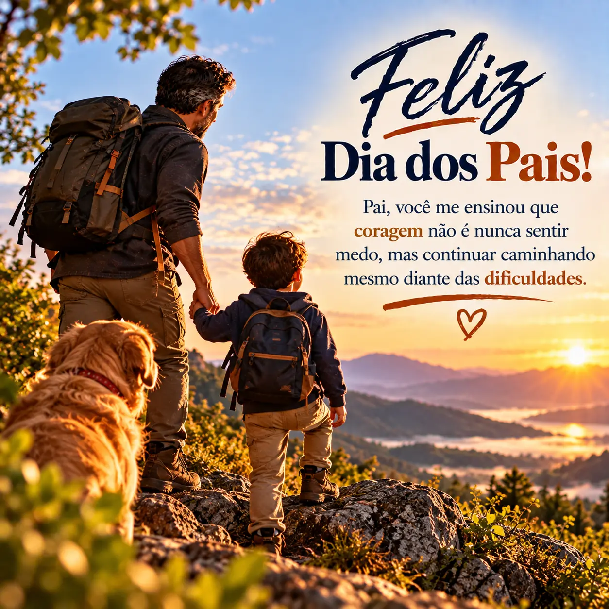Imagem de Dia Dos Pais com a mensagem: Pai, você me ensinou que coragem não é nunca sentir medo, mas continuar caminhando mesmo diante das dificuldades.