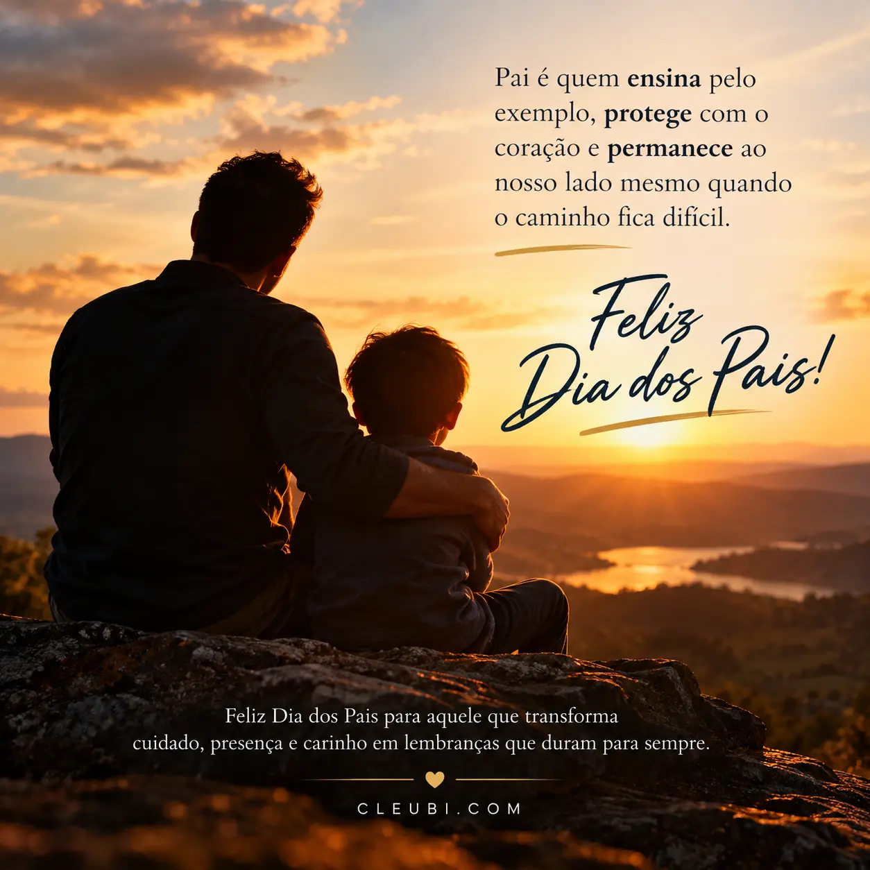 Imagem de Dia Dos Pais com a mensagem: Pai é quem ensina pelo exemplo, protege com o coração e permanece ao nosso lado mesmo quando o caminho fica difícil.