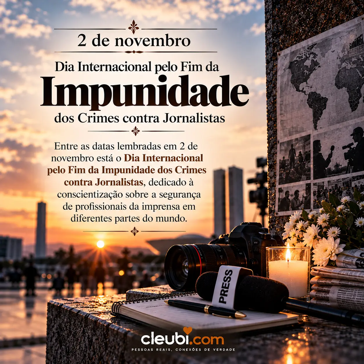 Imagem de Dia Internacional pelo Fim da Impunidade dos Crimes contra Jornalistas com a mensagem: Entre as datas lembradas em 2 de novembro está o Dia Internacional pelo Fim da Impu