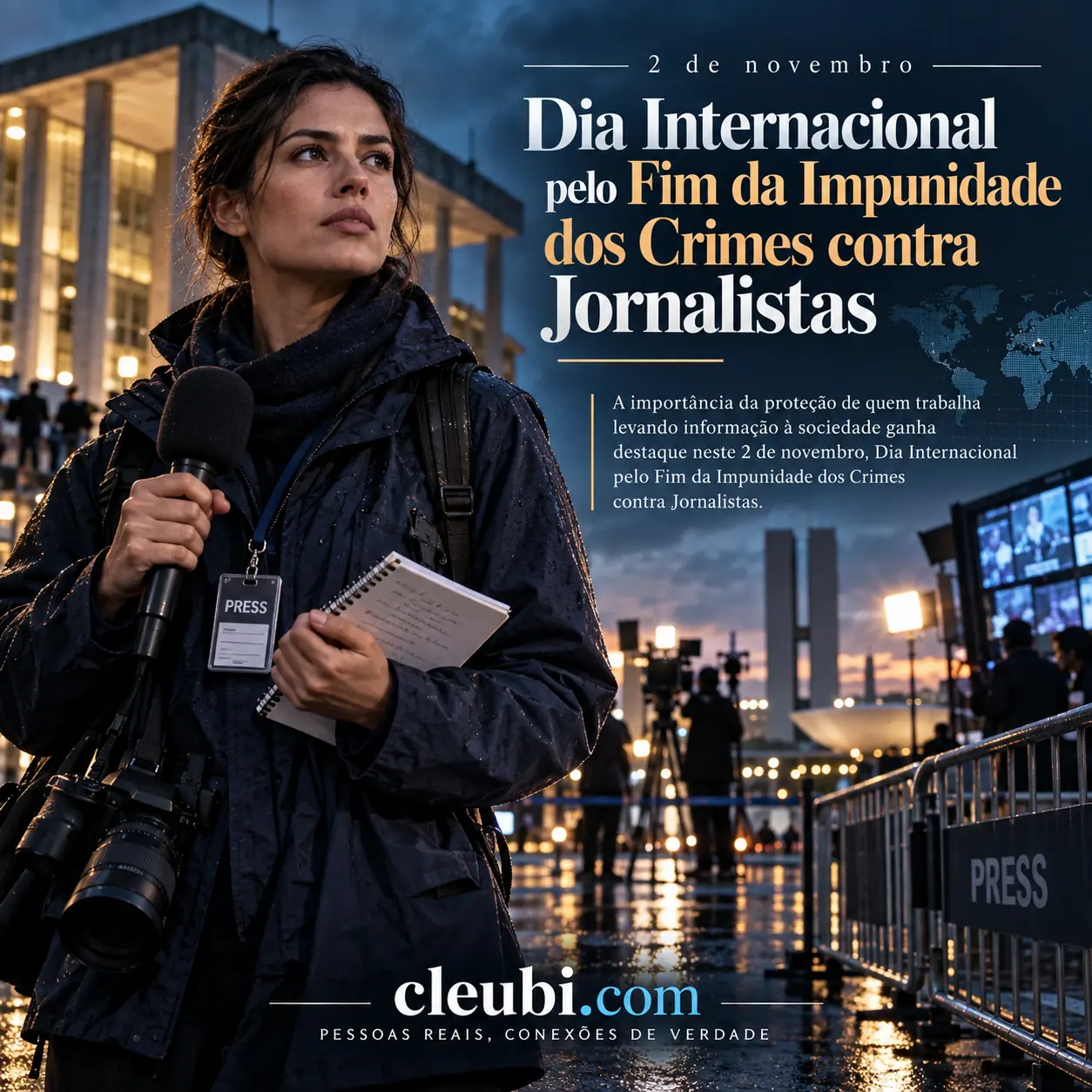 Imagem de Dia Internacional pelo Fim da Impunidade dos Crimes contra Jornalistas com a mensagem: A importância da proteção de quem trabalha levando informação à sociedade ganha des