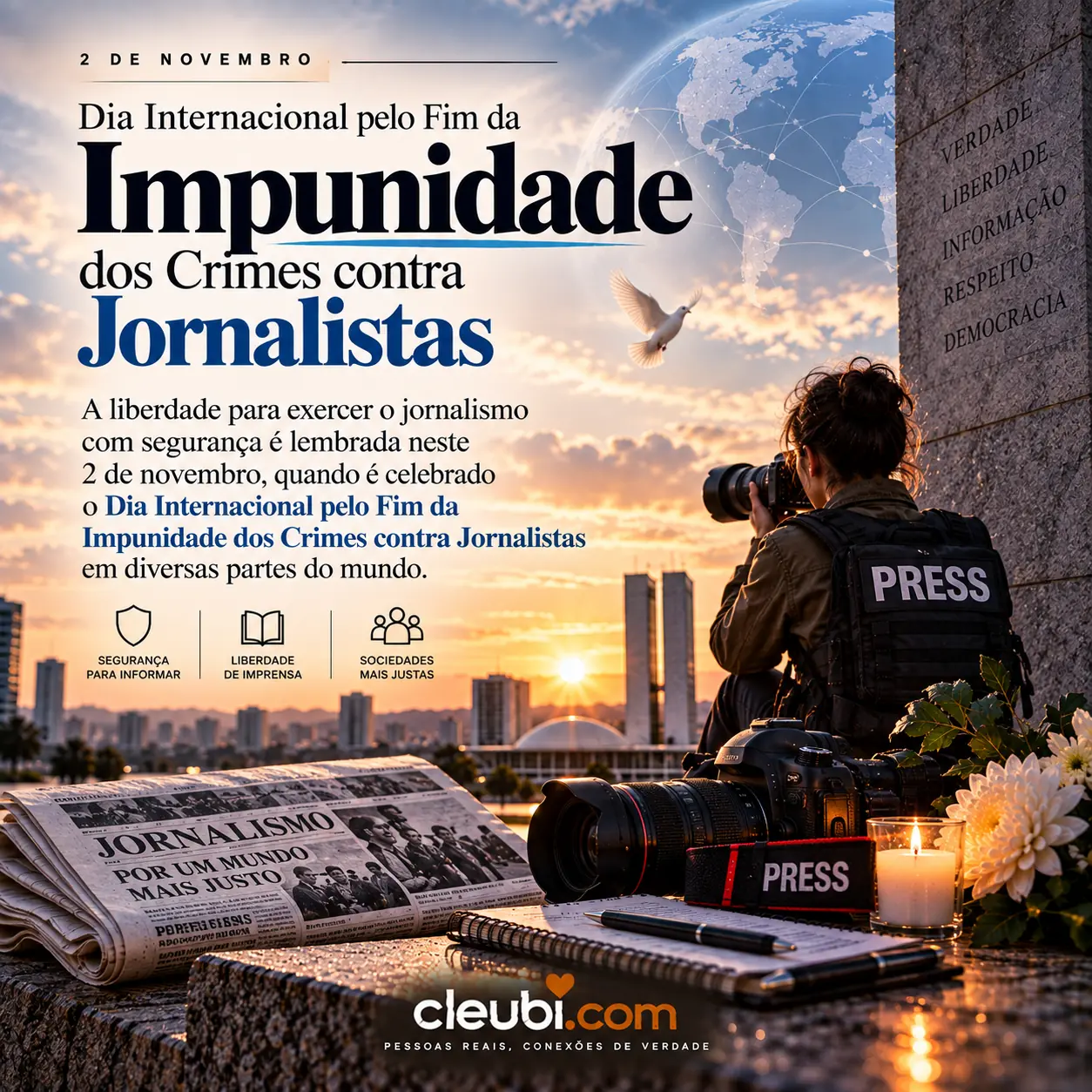 Imagem de Dia Internacional pelo Fim da Impunidade dos Crimes contra Jornalistas com a mensagem: A liberdade para exercer o jornalismo com segurança é lembrada neste 2 de novembro,