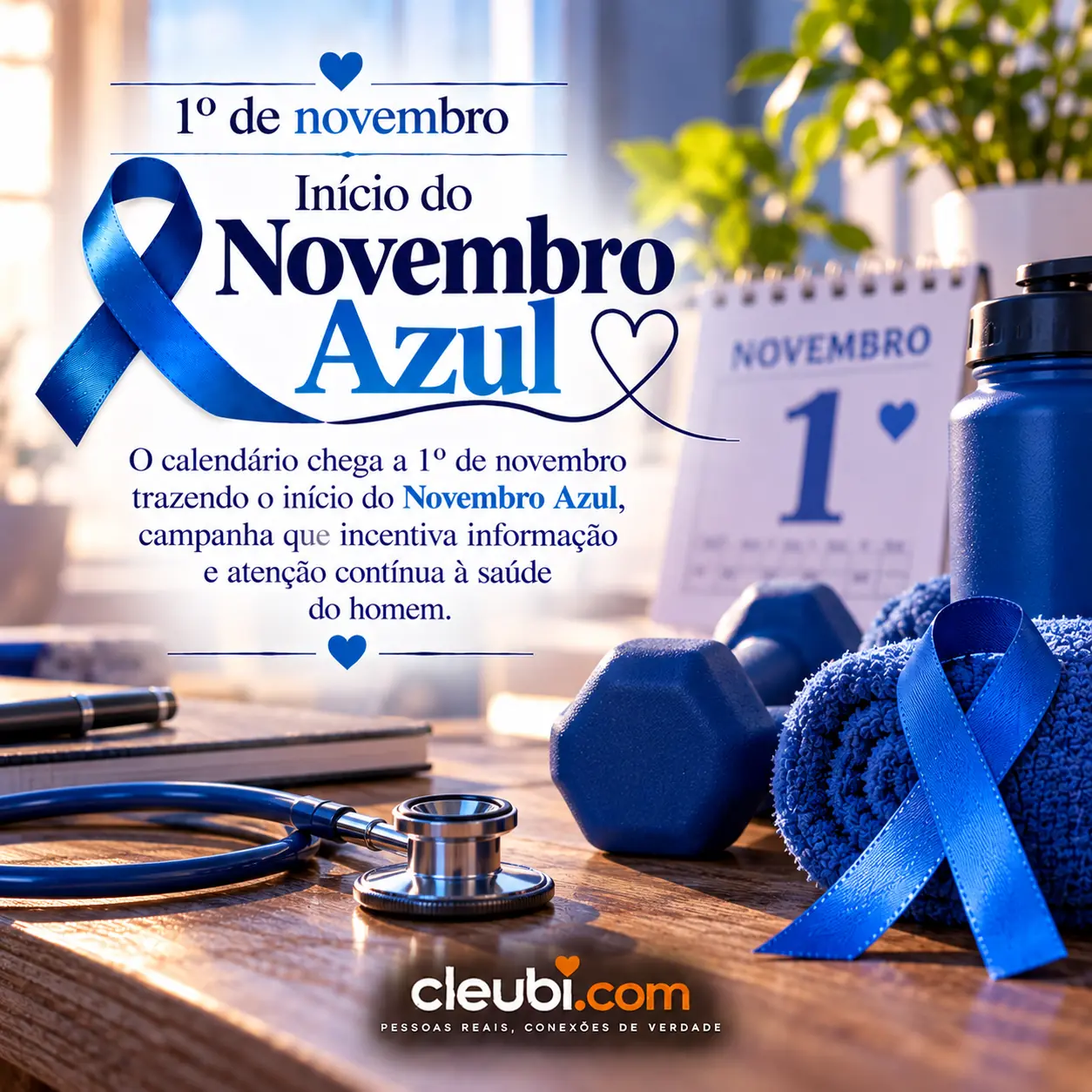 Imagem de Novembro Azul com a mensagem: O calendário chega a 1º de novembro trazendo o início do Novembro Azul, campanha que incentiva informação e atenção contínua à saúde do home