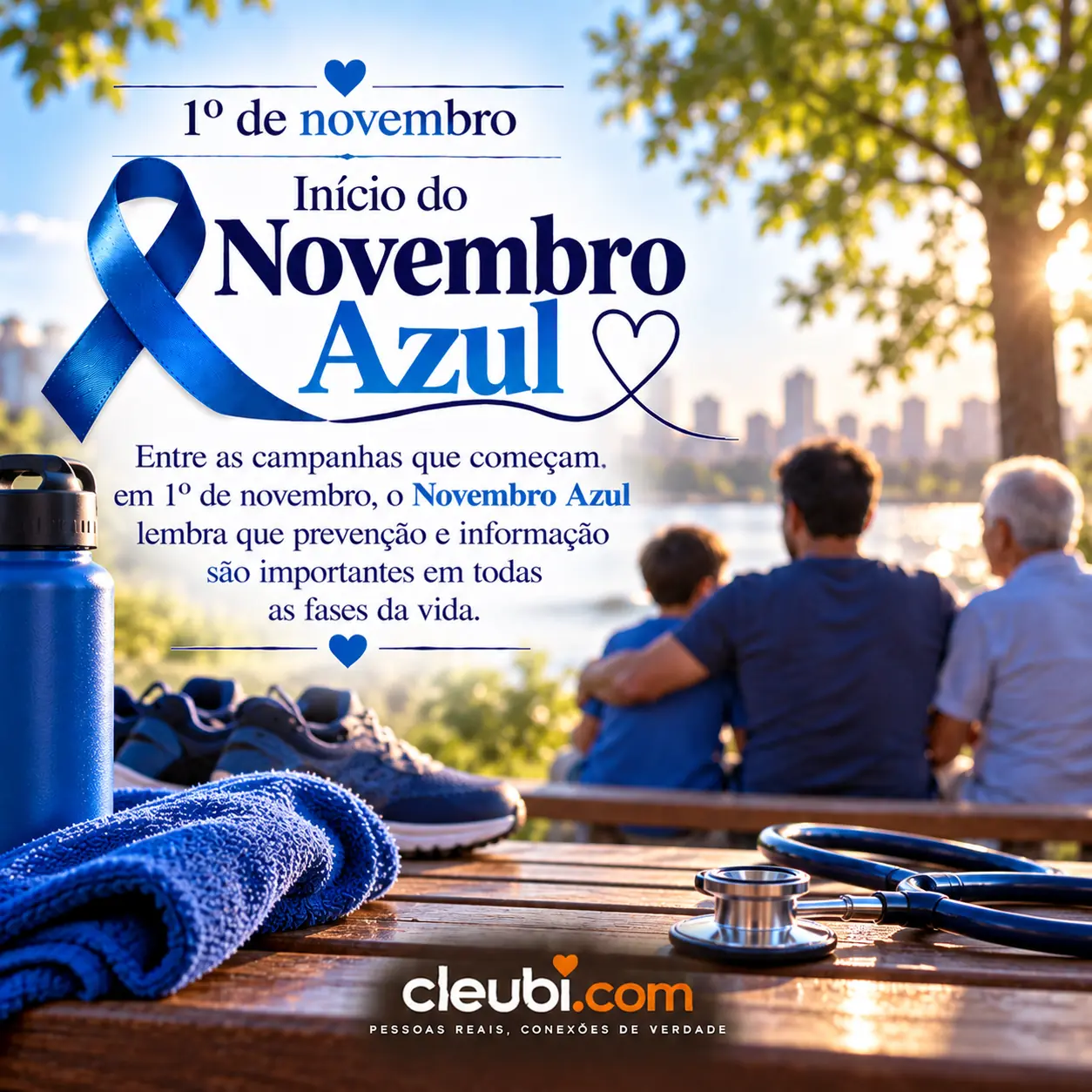 Imagem de Novembro Azul com a mensagem: Entre as campanhas que começam em 1º de novembro, o Novembro Azul lembra que prevenção e informação são importantes em todas as fases da vid