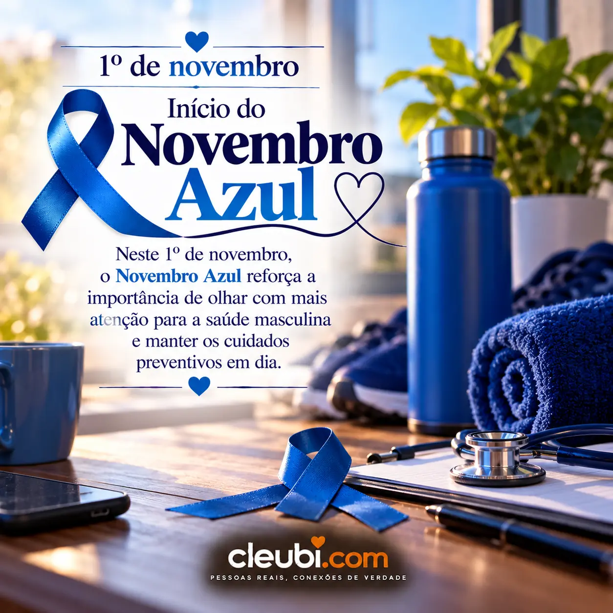 Imagem de Novembro Azul com a mensagem: Neste 1º de novembro, o Novembro Azul reforça a importância de olhar com mais atenção para a saúde masculina e manter os cuidados preventivo