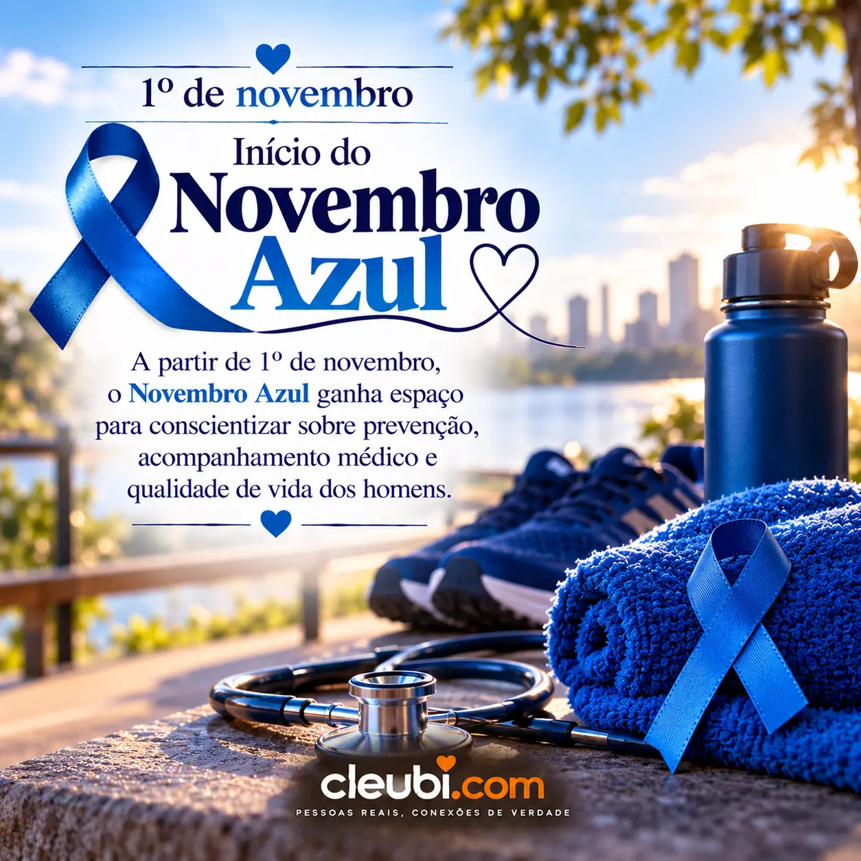 Imagem de Novembro Azul com a mensagem: A partir de 1º de novembro, o Novembro Azul ganha espaço para conscientizar sobre prevenção, acompanhamento médico e qualidade de vida dos h