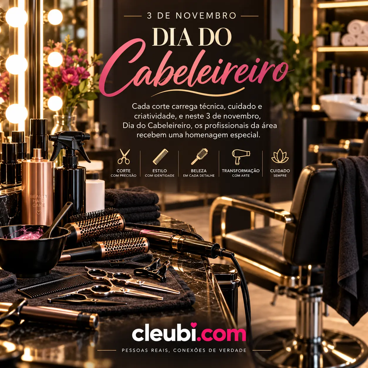 Imagem de 3 de novembro, Dia do Cabeleireiro, com a mensagem: Cada corte carrega técnica, cuidado e criatividade, e neste 3 de novembro, Dia do Cabeleireiro, os profissionais da ár