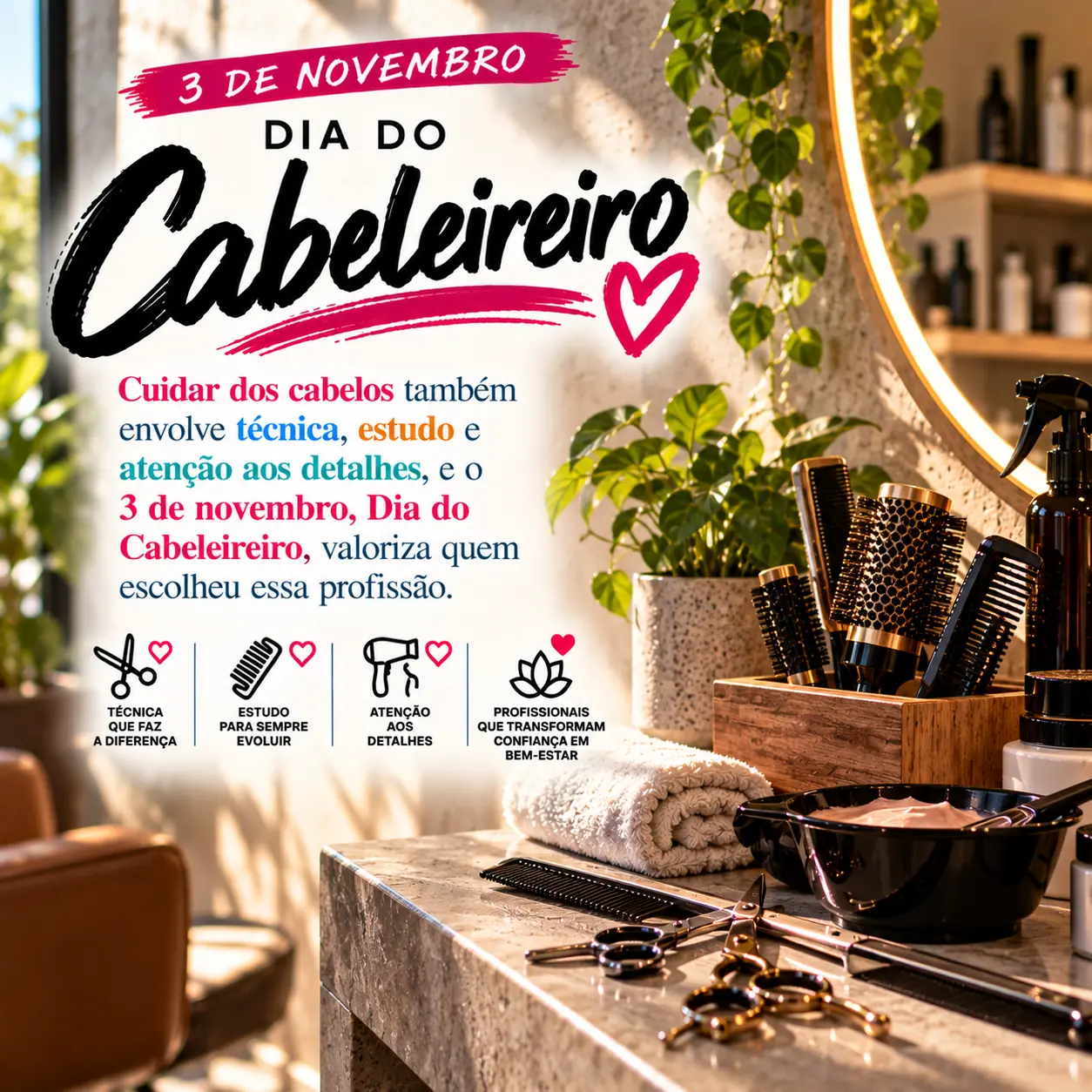 Imagem de 3 de novembro, Dia do Cabeleireiro, com a mensagem: Cuidar dos cabelos também envolve técnica, estudo e atenção aos detalhes, e o 3 de novembro, Dia do Cabeleireiro, valo