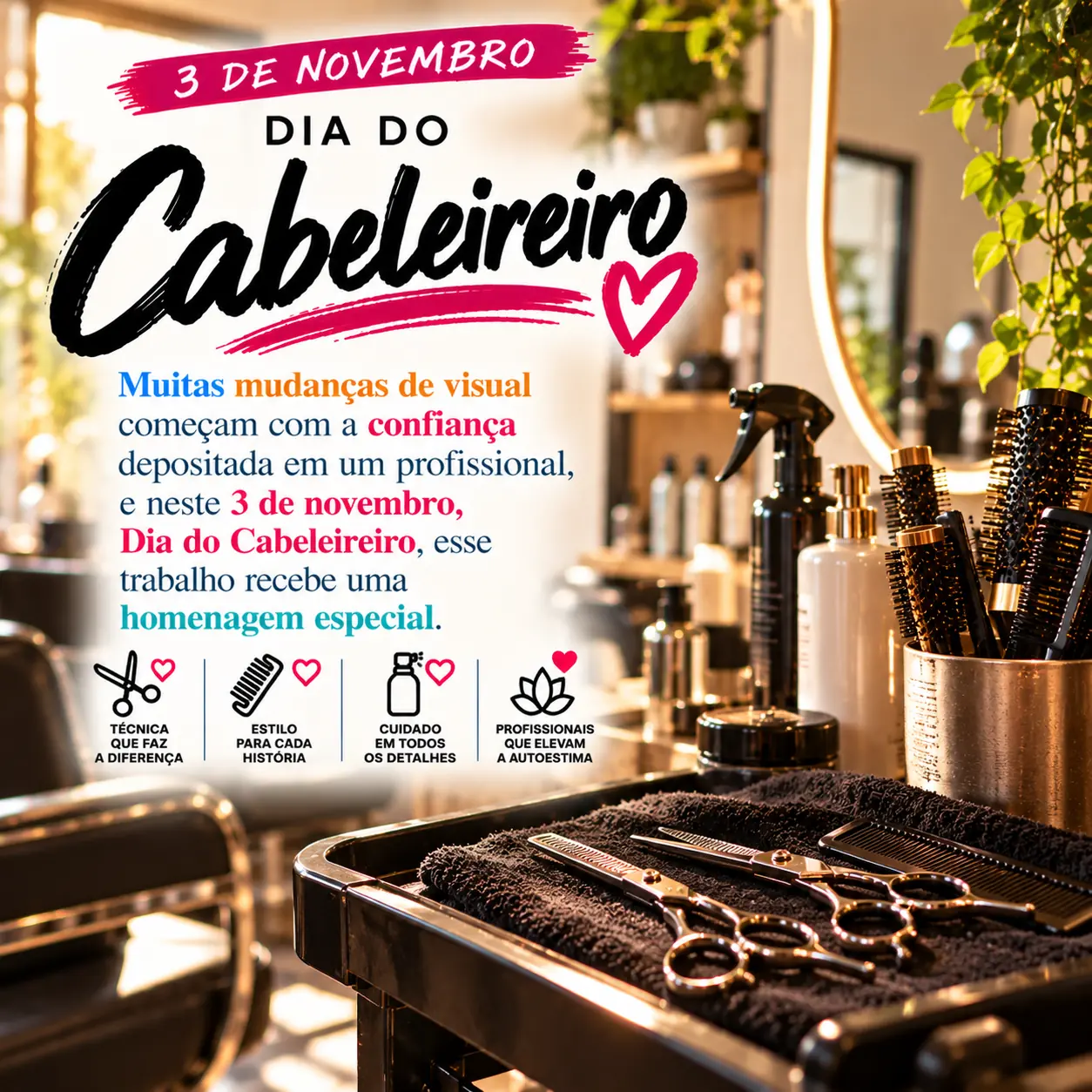 Imagem de 3 de novembro, Dia do Cabeleireiro, com a mensagem: Muitas mudanças de visual começam com a confiança depositada em um profissional, e neste 3 de novembro, Dia do Cabelei