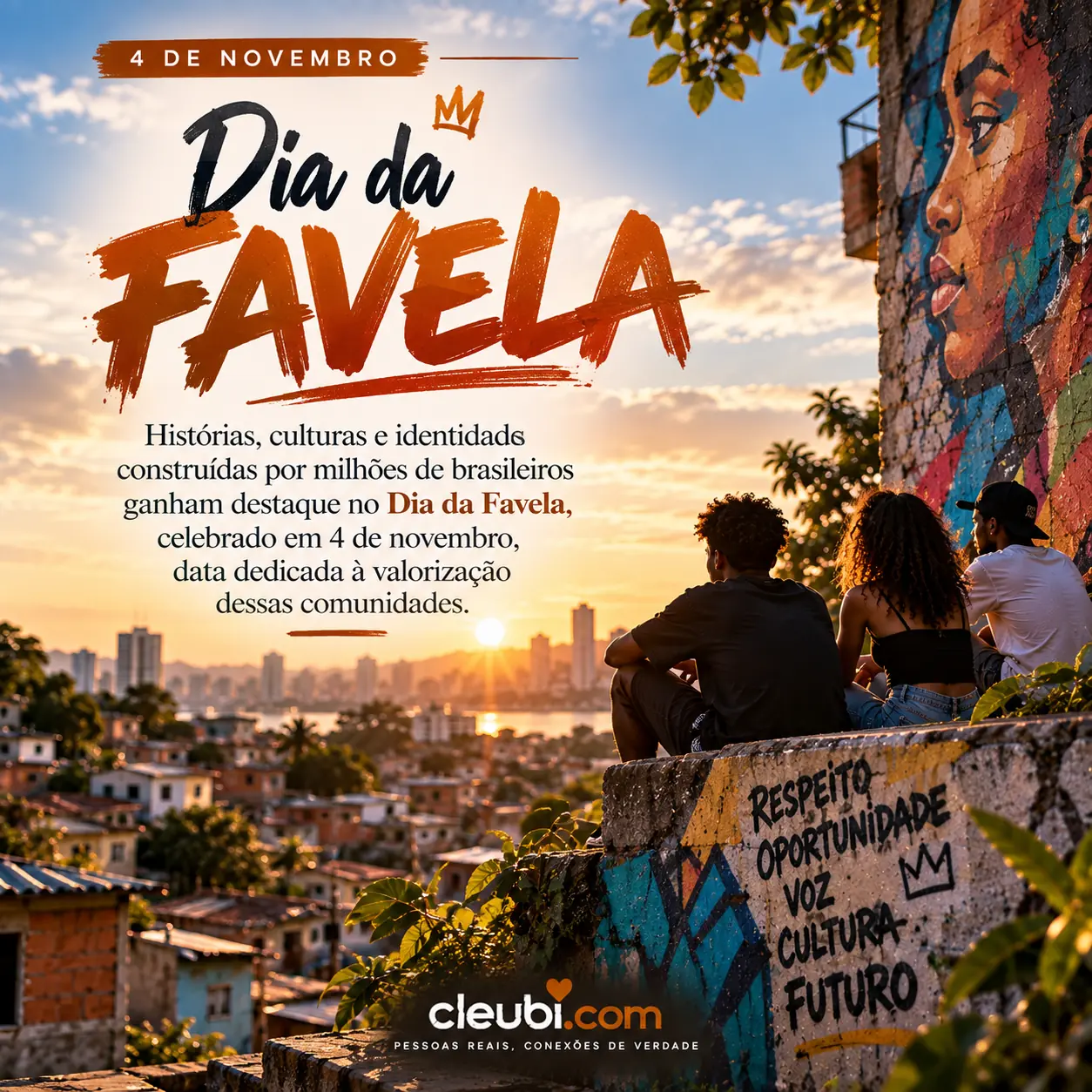 Imagem de 4 de novembro — Dia da Favela com a mensagem: Histórias, culturas e identidades construídas por milhões de brasileiros ganham destaque no Dia da Favela, celebrado em 4 de