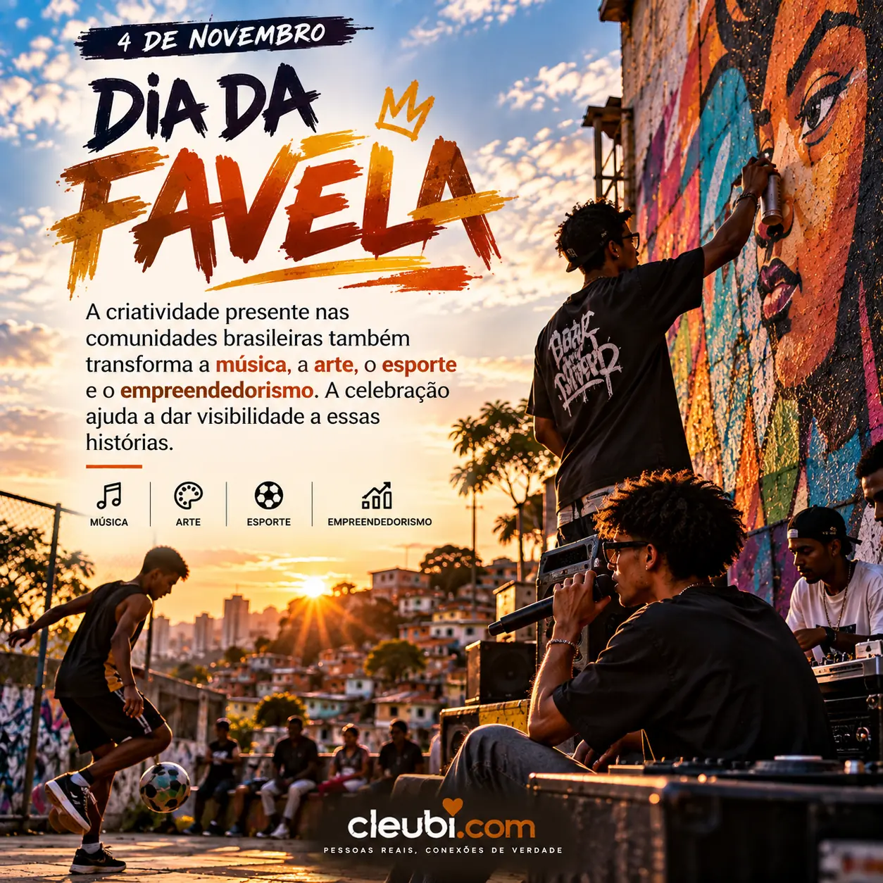 Imagem de 4 de novembro — Dia da Favela com a mensagem: A criatividade presente nas comunidades brasileiras também transforma a música, a arte, o esporte e o empreendedorismo. A ce