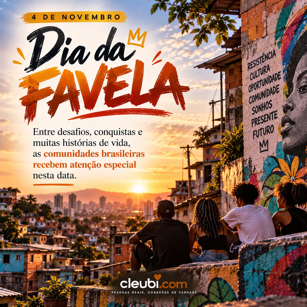 Imagem de 4 de novembro — Dia da Favela com a mensagem: Entre desafios, conquistas e muitas histórias de vida, as comunidades brasileiras recebem atenção especial nesta data.