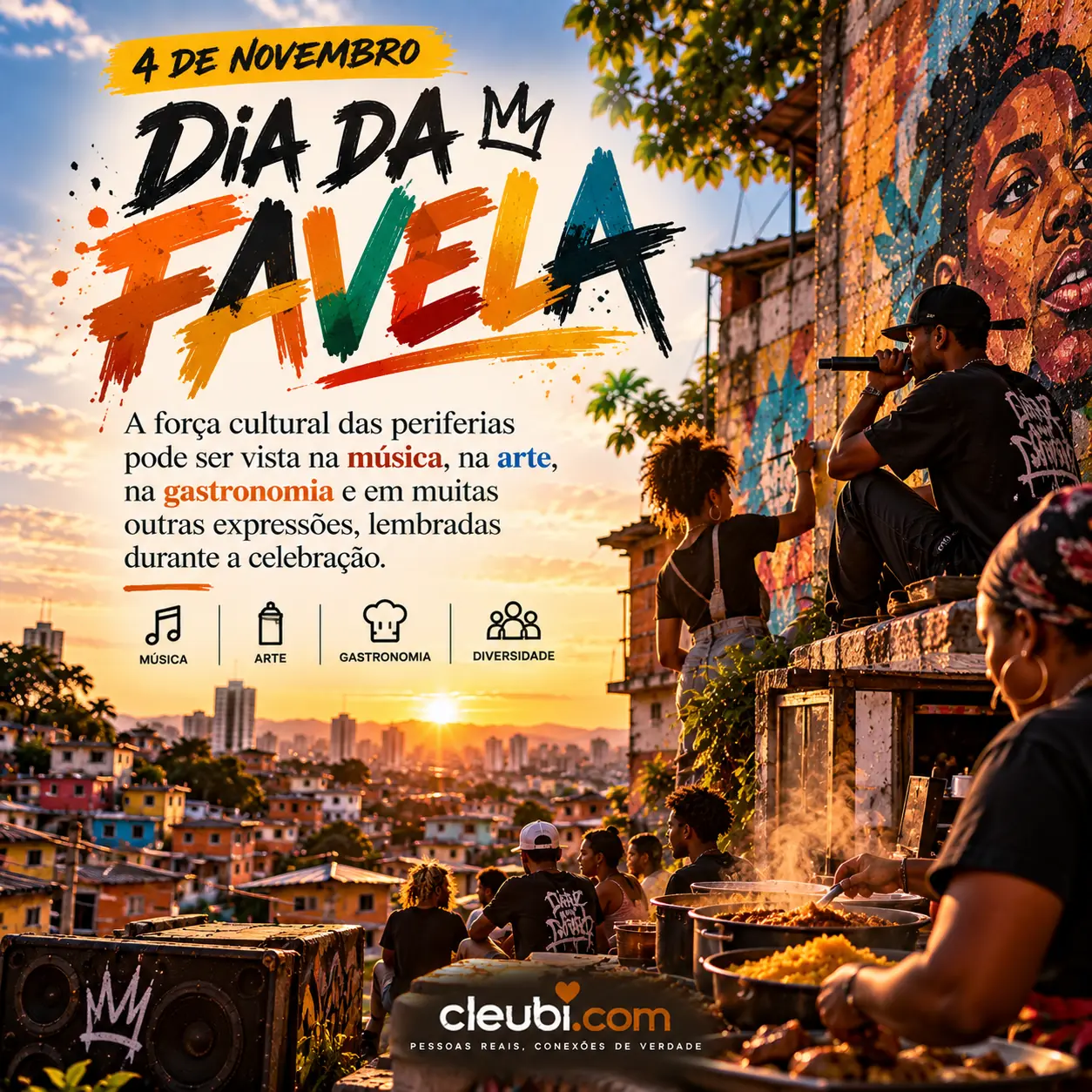 Imagem de 4 de novembro — Dia da Favela com a mensagem: A força cultural das periferias pode ser vista na música, na arte, na gastronomia e em muitas outras expressões, lembradas d