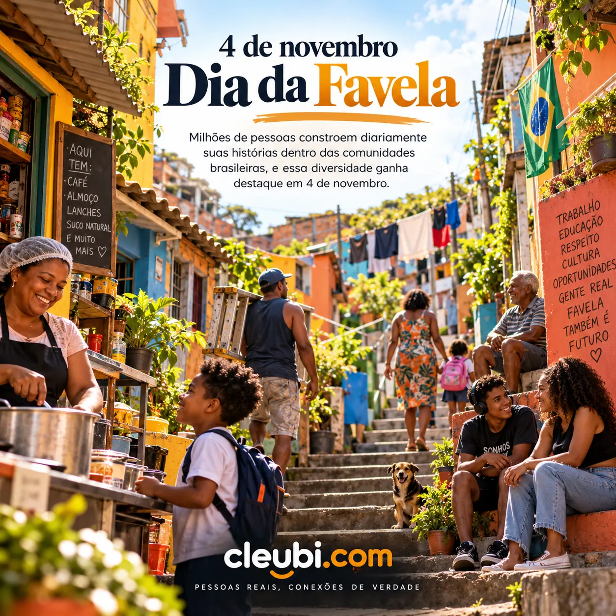 Imagem de 4 de novembro — Dia da Favela com a mensagem: Milhões de pessoas constroem diariamente suas histórias dentro das comunidades brasileiras, e essa diversidade ganha destaqu