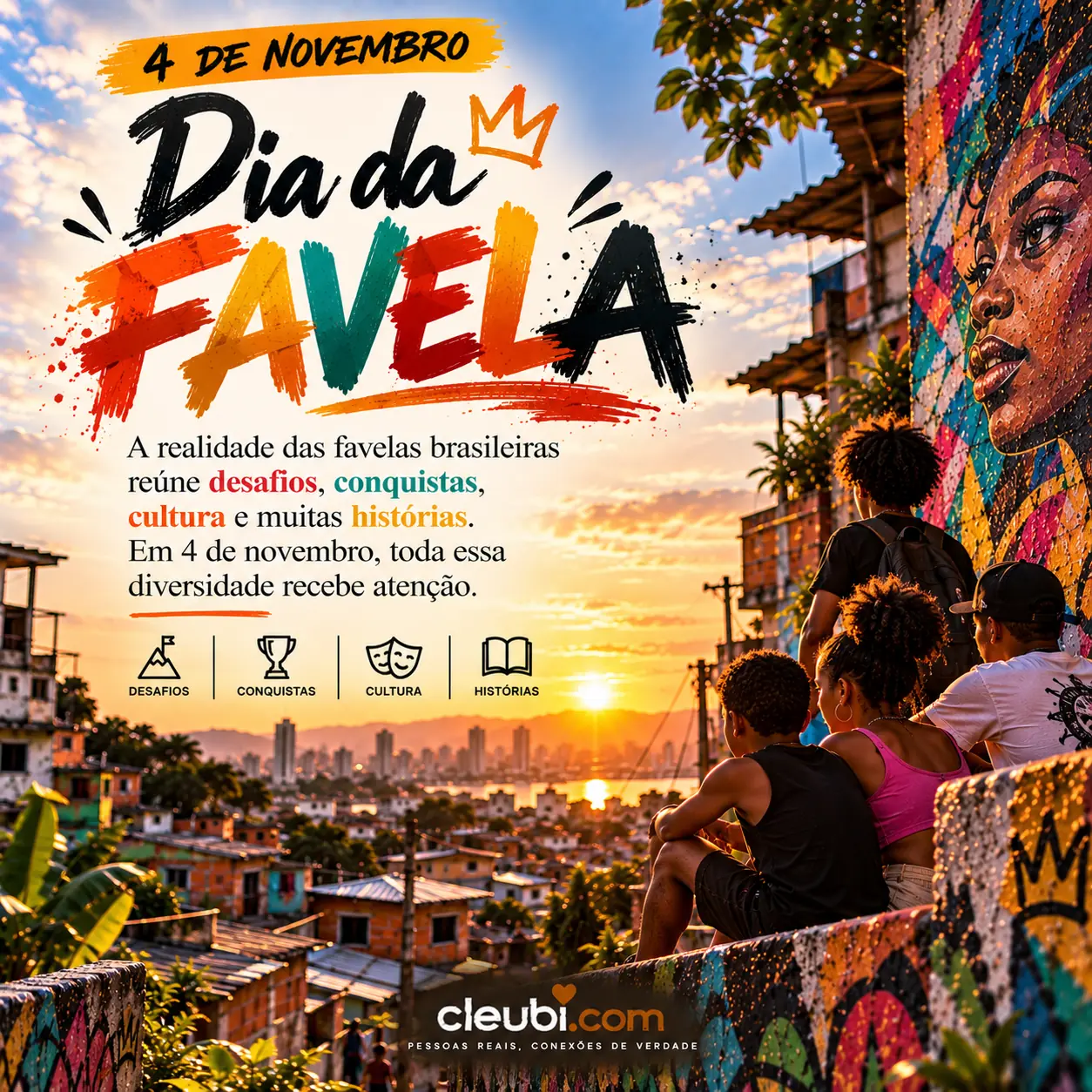 Imagem de 4 de novembro — Dia da Favela com a mensagem: A realidade das favelas brasileiras reúne desafios, conquistas, cultura e muitas histórias. Em 4 de novembro, toda essa dive