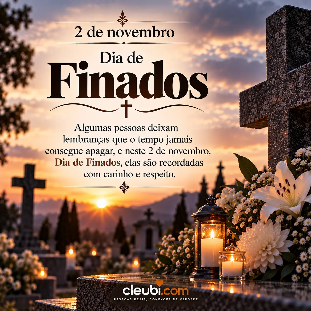 Imagem de 2 de novembro, Dia de Finados com a mensagem: Algumas pessoas deixam lembranças que o tempo jamais consegue apagar, e neste 2 de novembro, Dia de Finados, elas são record