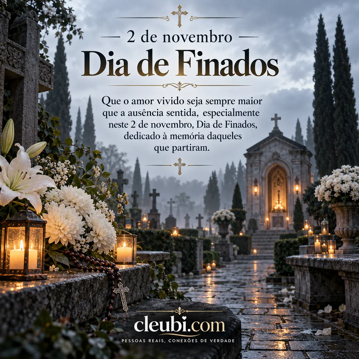Imagem de 2 de novembro, Dia de Finados com a mensagem: Que o amor vivido seja sempre maior que a ausência sentida, especialmente neste 2 de novembro, Dia de Finados, dedicado à me