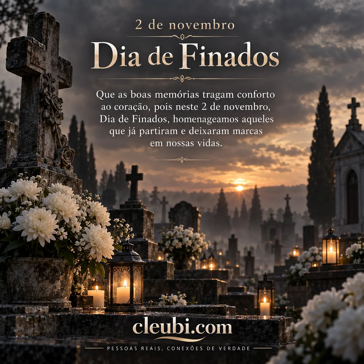 Imagem de 2 de novembro, Dia de Finados com a mensagem: Que as boas memórias tragam conforto ao coração, pois neste 2 de novembro, Dia de Finados, homenageamos aqueles que já parti