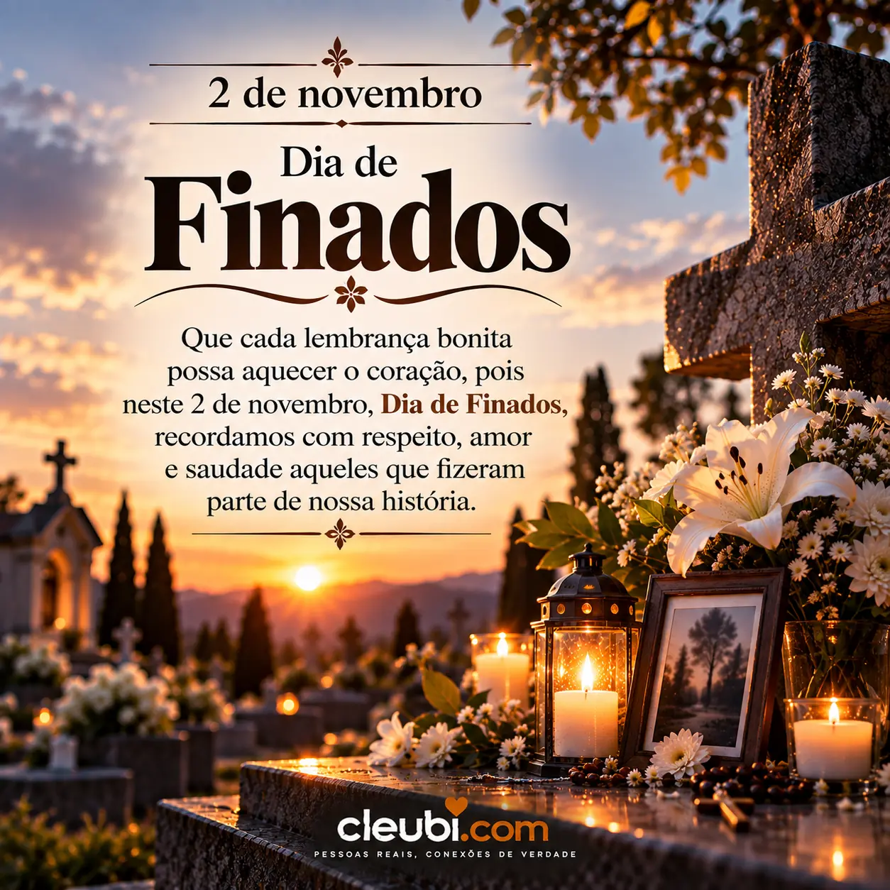 Imagem de 2 de novembro, Dia de Finados com a mensagem: Que cada lembrança bonita possa aquecer o coração, pois neste 2 de novembro, Dia de Finados, recordamos com respeito, amor e