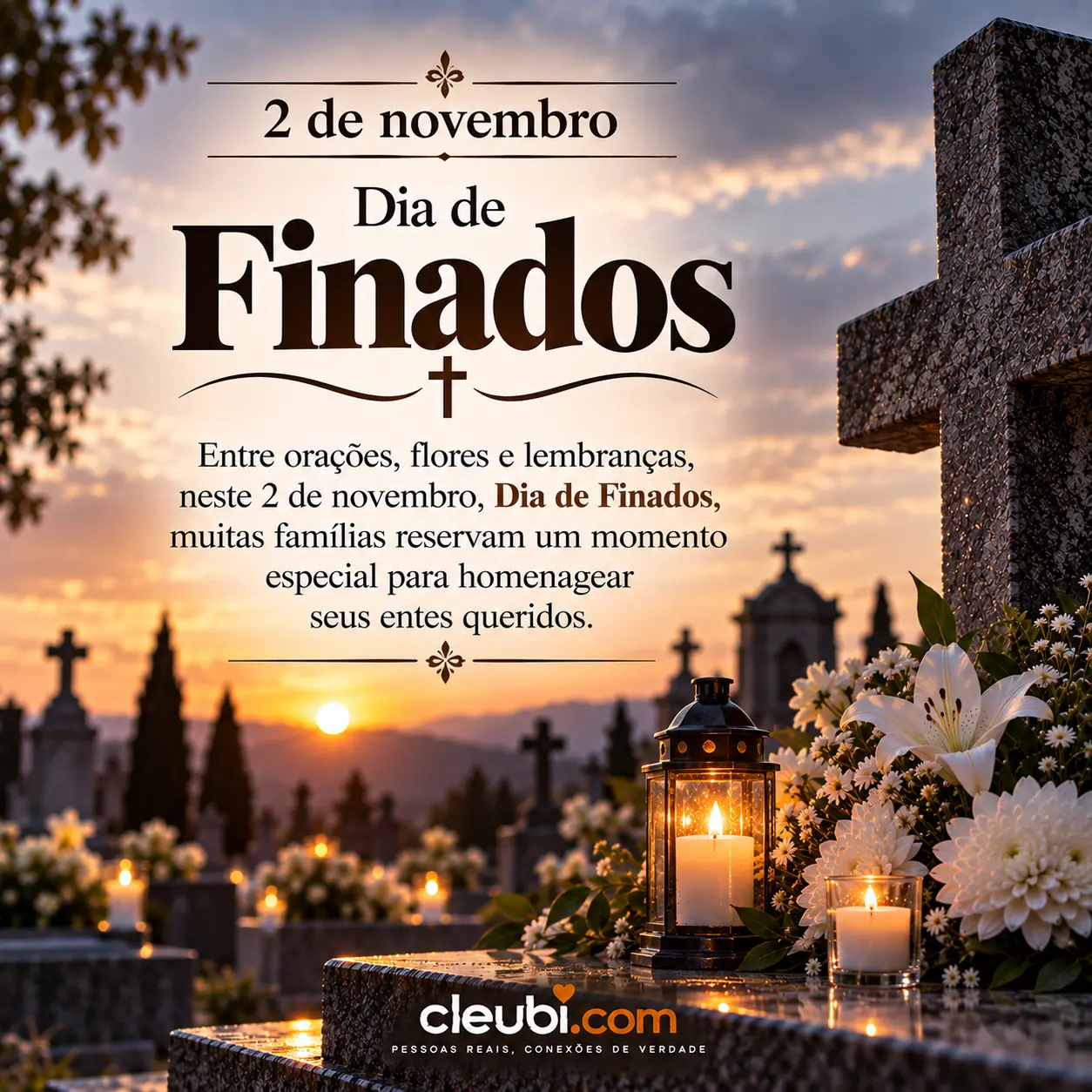 Imagem de 2 de novembro, Dia de Finados com a mensagem: Entre orações, flores e lembranças, neste 2 de novembro, Dia de Finados, muitas famílias reservam um momento especial para h