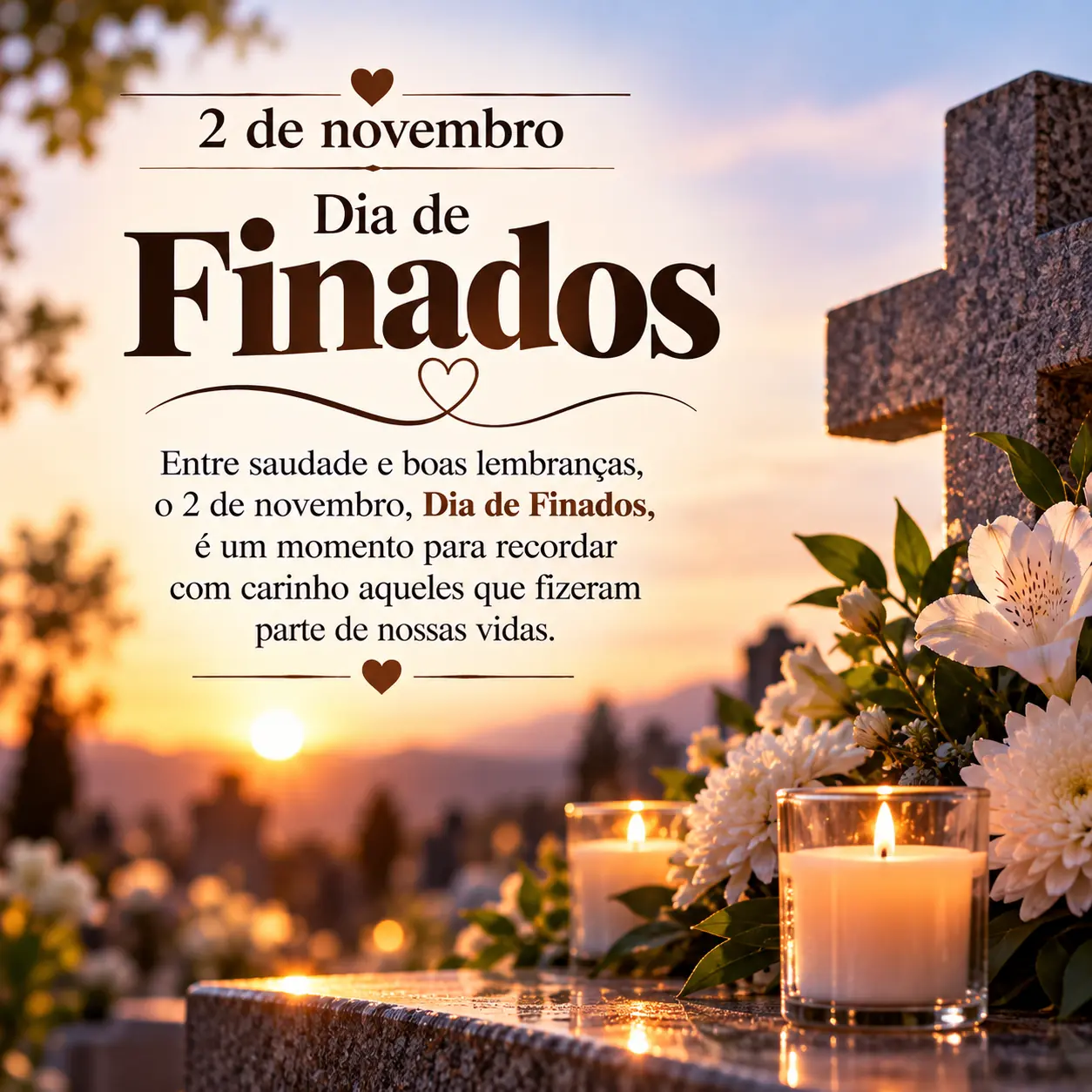 Imagem de 2 de novembro, Dia de Finados com a mensagem: Entre saudade e boas lembranças, o 2 de novembro, Dia de Finados, é um momento para recordar com carinho aqueles que fizeram