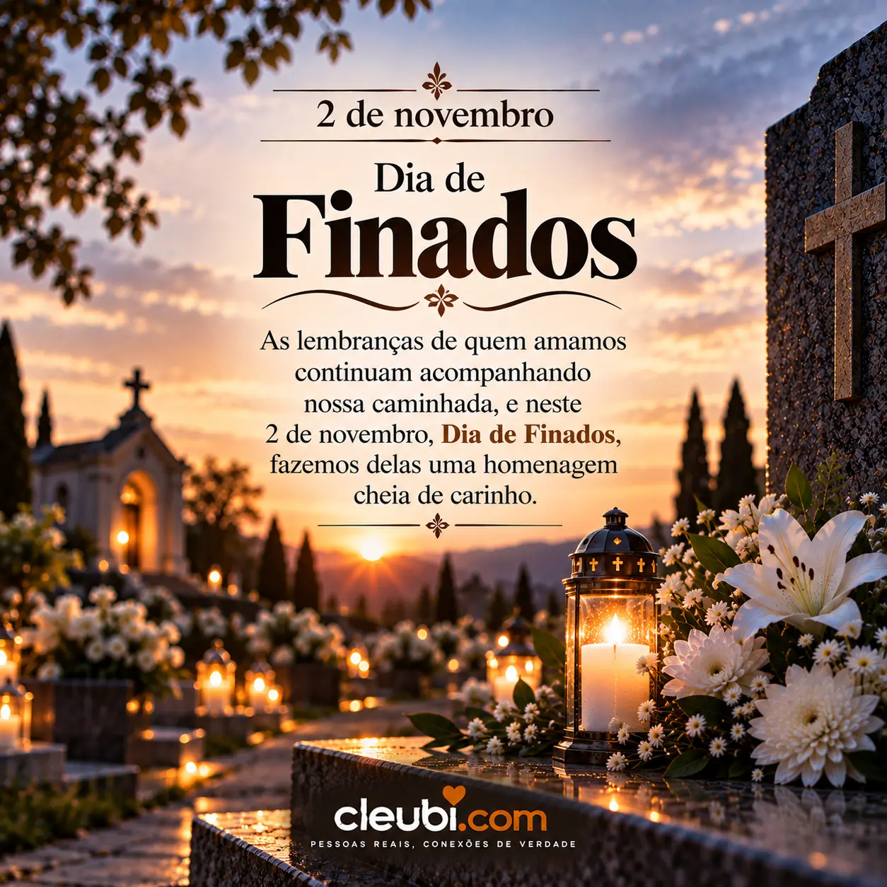 Imagem de 2 de novembro, Dia de Finados com a mensagem: As lembranças de quem amamos continuam acompanhando nossa caminhada, e neste 2 de novembro, Dia de Finados, fazemos delas um