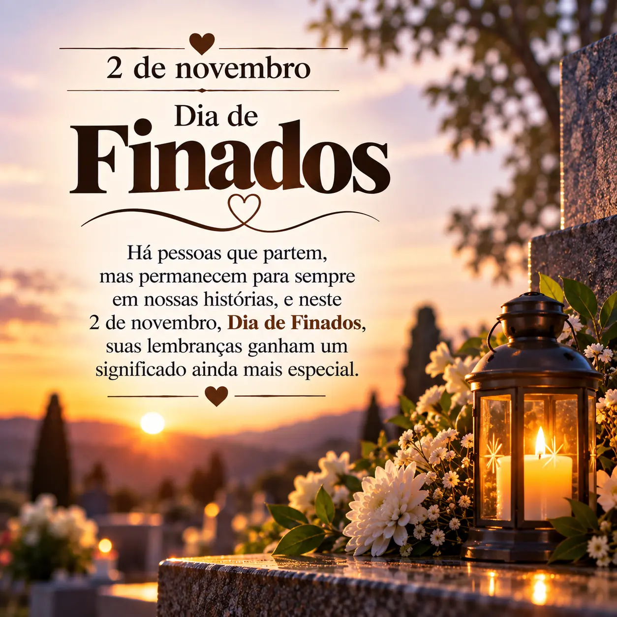 Imagem de 2 de novembro, Dia de Finados com a mensagem: Há pessoas que partem, mas permanecem para sempre em nossas histórias, e neste 2 de novembro, Dia de Finados, suas lembrança