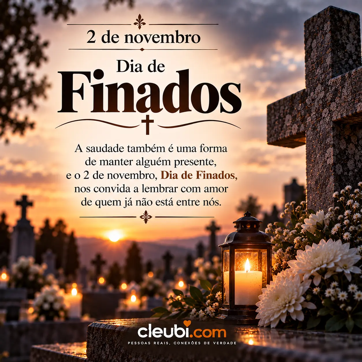 Imagem de 2 de novembro, Dia de Finados com a mensagem: A saudade também é uma forma de manter alguém presente, e o 2 de novembro, Dia de Finados, nos convida a lembrar com amor de