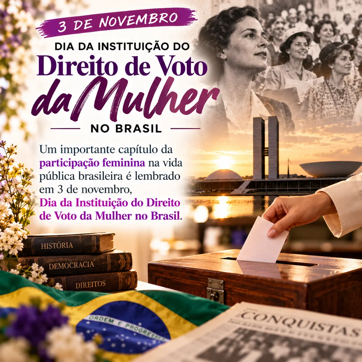 Imagem de 3 de novembro, Dia da Instituição do Direito de Voto da Mulher com a mensagem: Um importante capítulo da participação feminina na vida pública brasileira é lembrado em 3