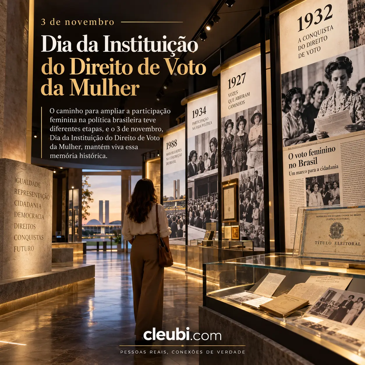 Imagem de 3 de novembro, Dia da Instituição do Direito de Voto da Mulher com a mensagem: O caminho para ampliar a participação feminina na política brasileira teve diferentes etapa
