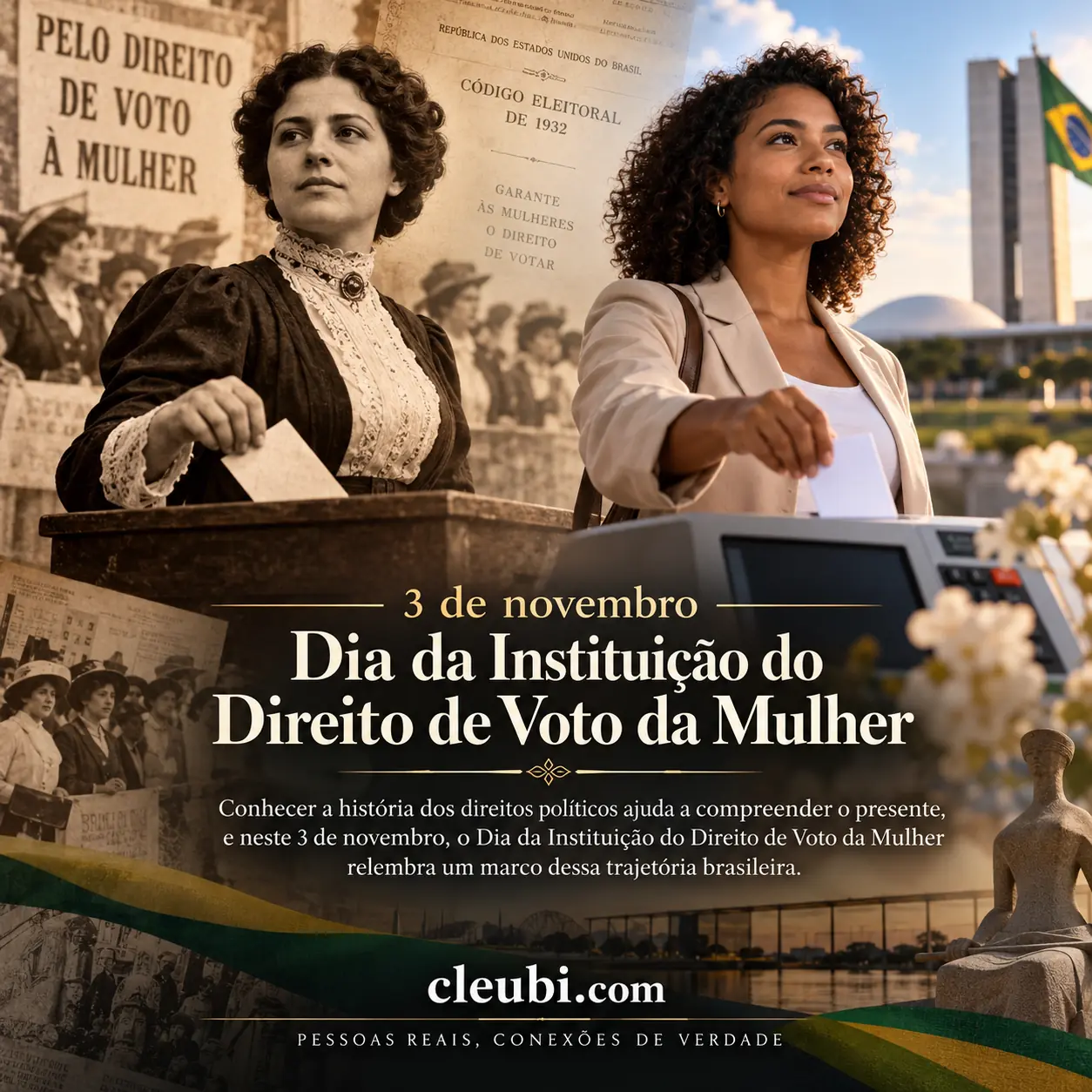 Imagem de 3 de novembro, Dia da Instituição do Direito de Voto da Mulher com a mensagem: Conhecer a história dos direitos políticos ajuda a compreender o presente, e neste 3 de nov