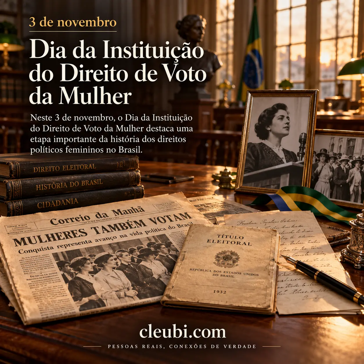 Imagem de 3 de novembro, Dia da Instituição do Direito de Voto da Mulher com a mensagem: Neste 3 de novembro, o Dia da Instituição do Direito de Voto da Mulher destaca uma etapa im