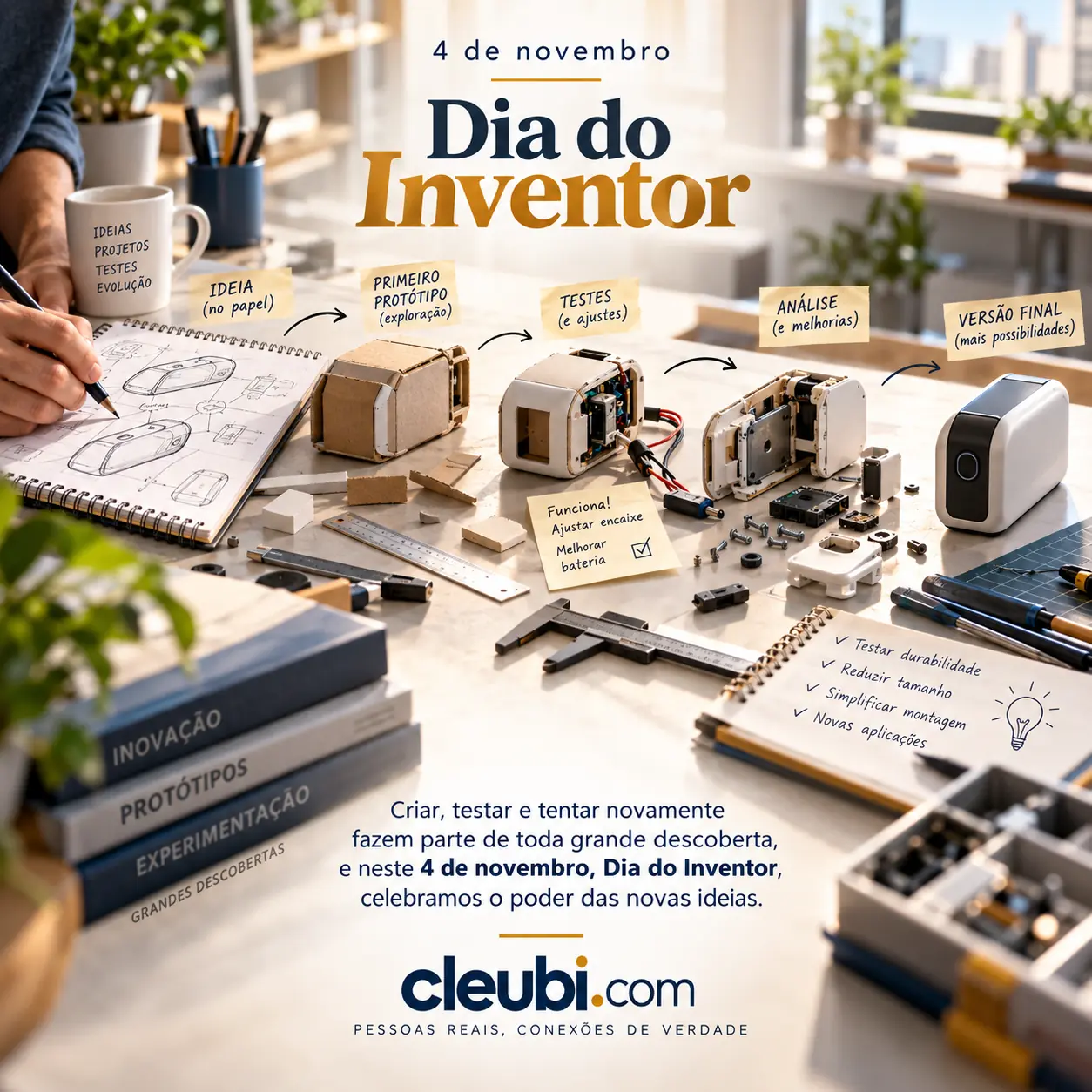 Imagem de 4 de novembro, Dia do Inventor com a mensagem: Criar, testar e tentar novamente fazem parte de toda grande descoberta, e neste 4 de novembro, Dia do Inventor, celebramos