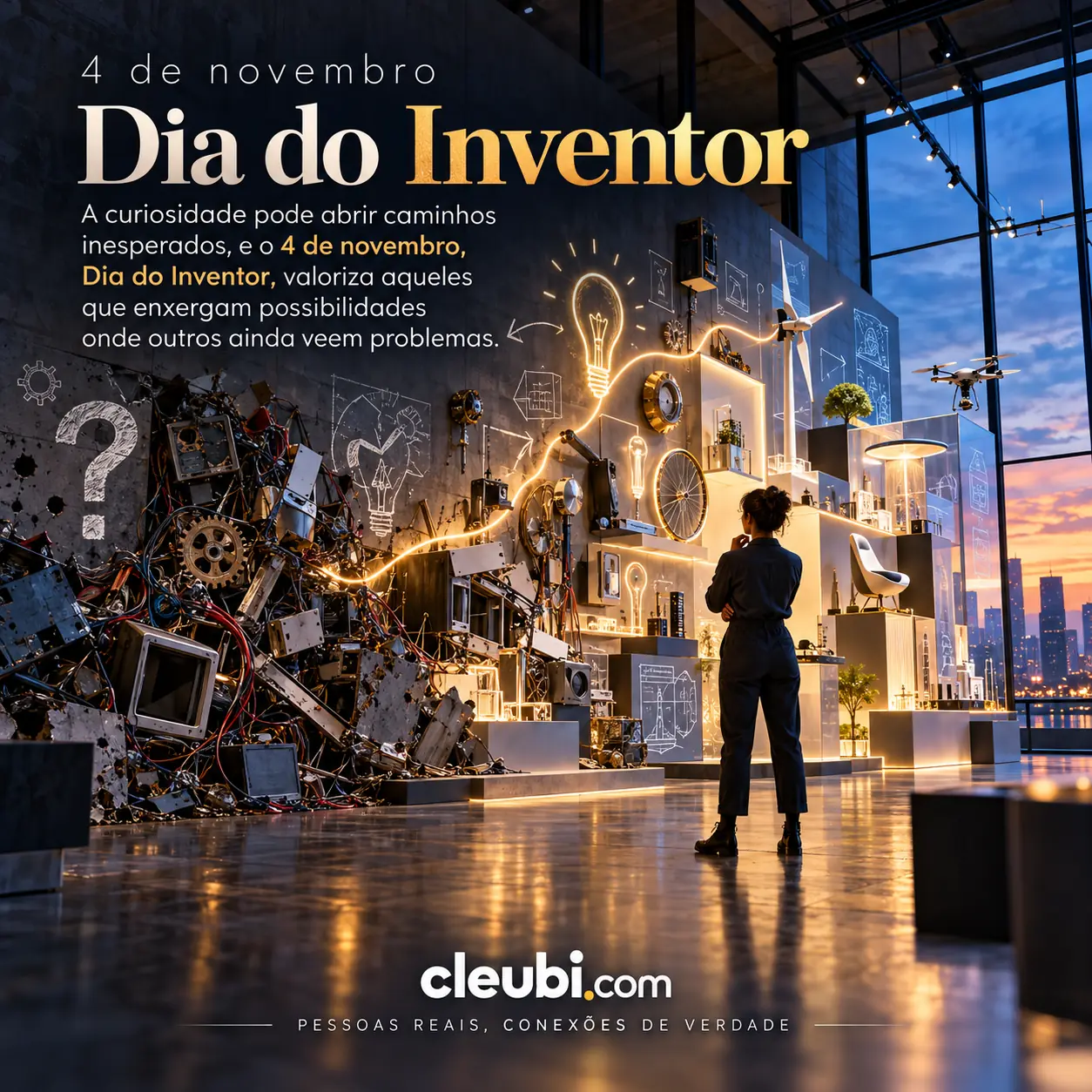 Imagem de 4 de novembro, Dia do Inventor com a mensagem: A curiosidade pode abrir caminhos inesperados, e o 4 de novembro, Dia do Inventor, valoriza aqueles que enxergam possibilid