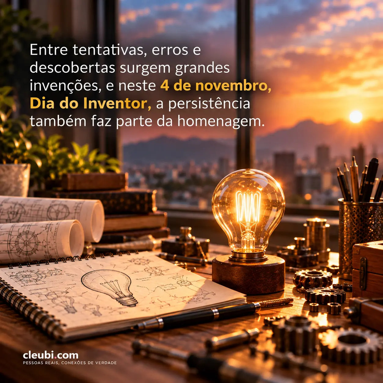 Imagem de 4 de novembro, Dia do Inventor com a mensagem: Entre tentativas, erros e descobertas surgem grandes invenções, e neste 4 de novembro, Dia do Inventor, a persistência tamb