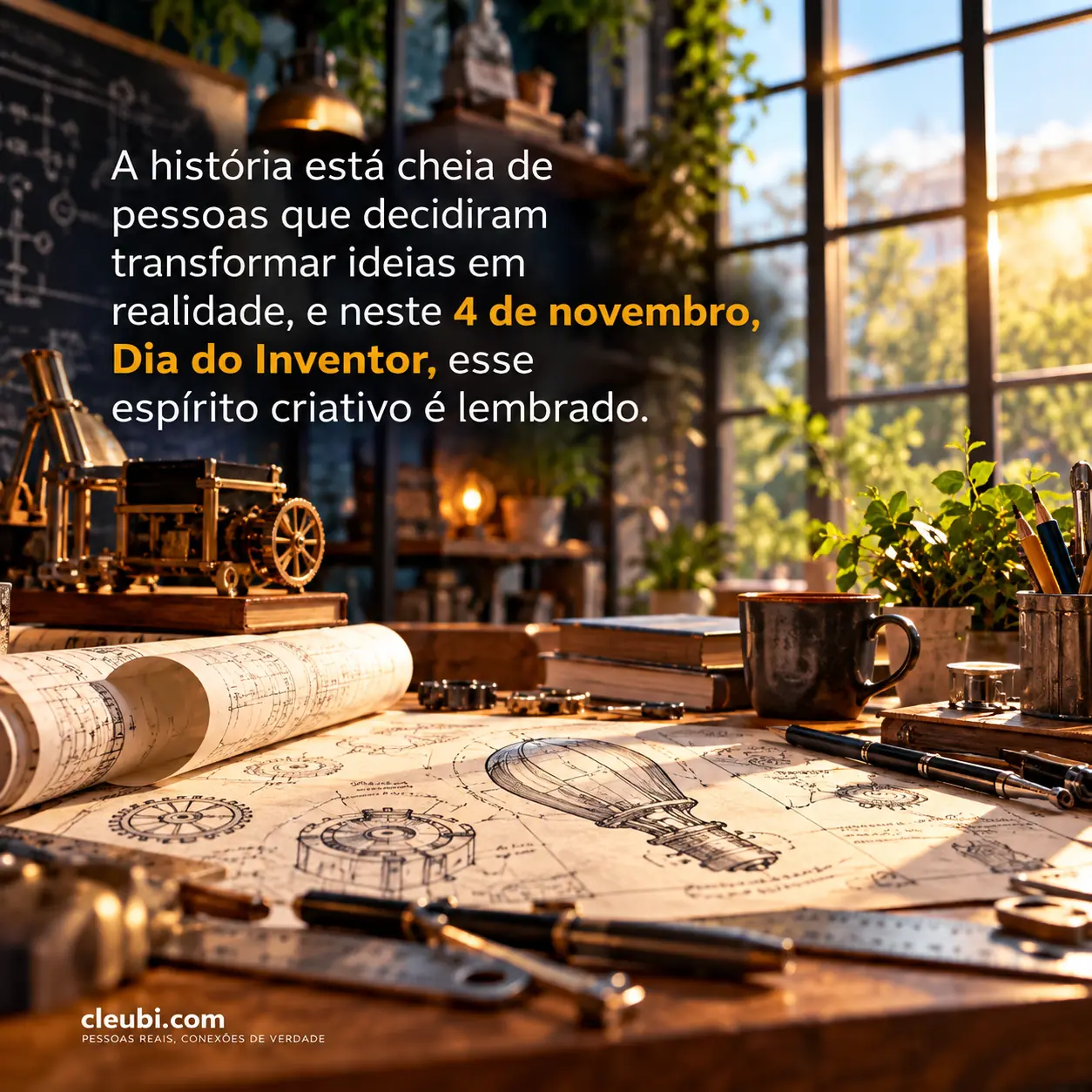 Imagem de 4 de novembro, Dia do Inventor com a mensagem: A história está cheia de pessoas que decidiram transformar ideias em realidade, e neste 4 de novembro, Dia do Inventor, ess