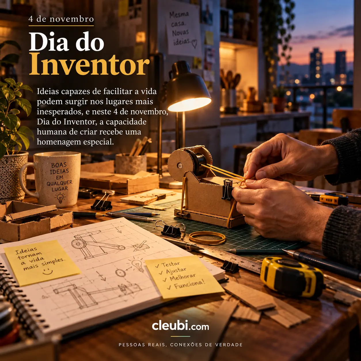 Imagem de 4 de novembro, Dia do Inventor com a mensagem: Ideias capazes de facilitar a vida podem surgir nos lugares mais inesperados, e neste 4 de novembro, Dia do Inventor, a cap