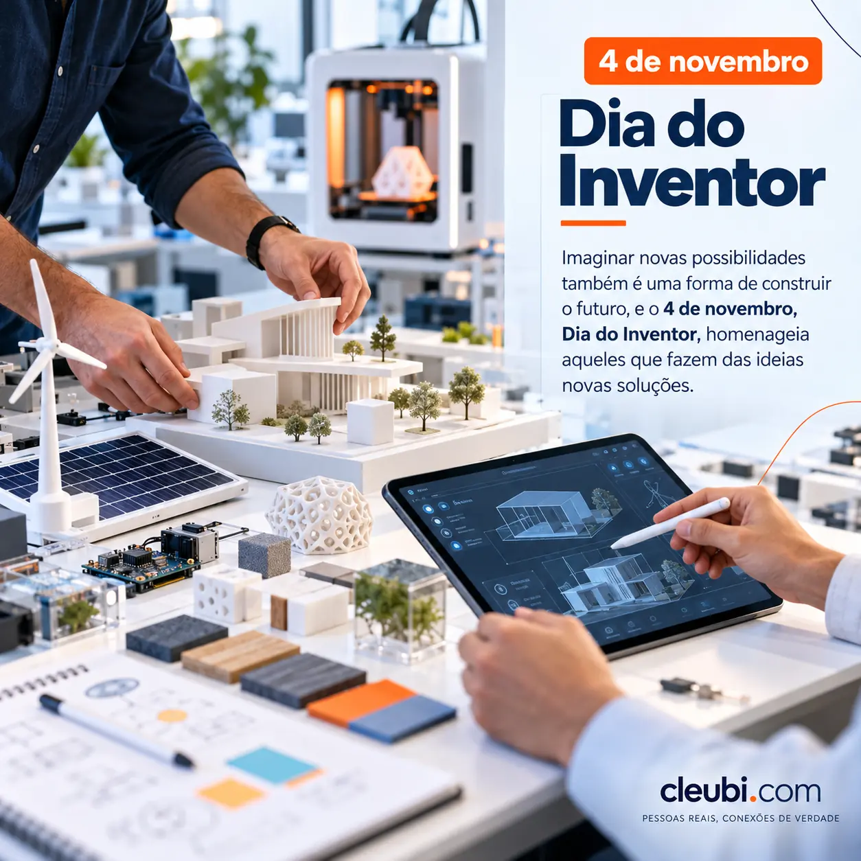 Imagem de 4 de novembro, Dia do Inventor com a mensagem: Imaginar novas possibilidades também é uma forma de construir o futuro, e o 4 de novembro, Dia do Inventor, homenageia aque