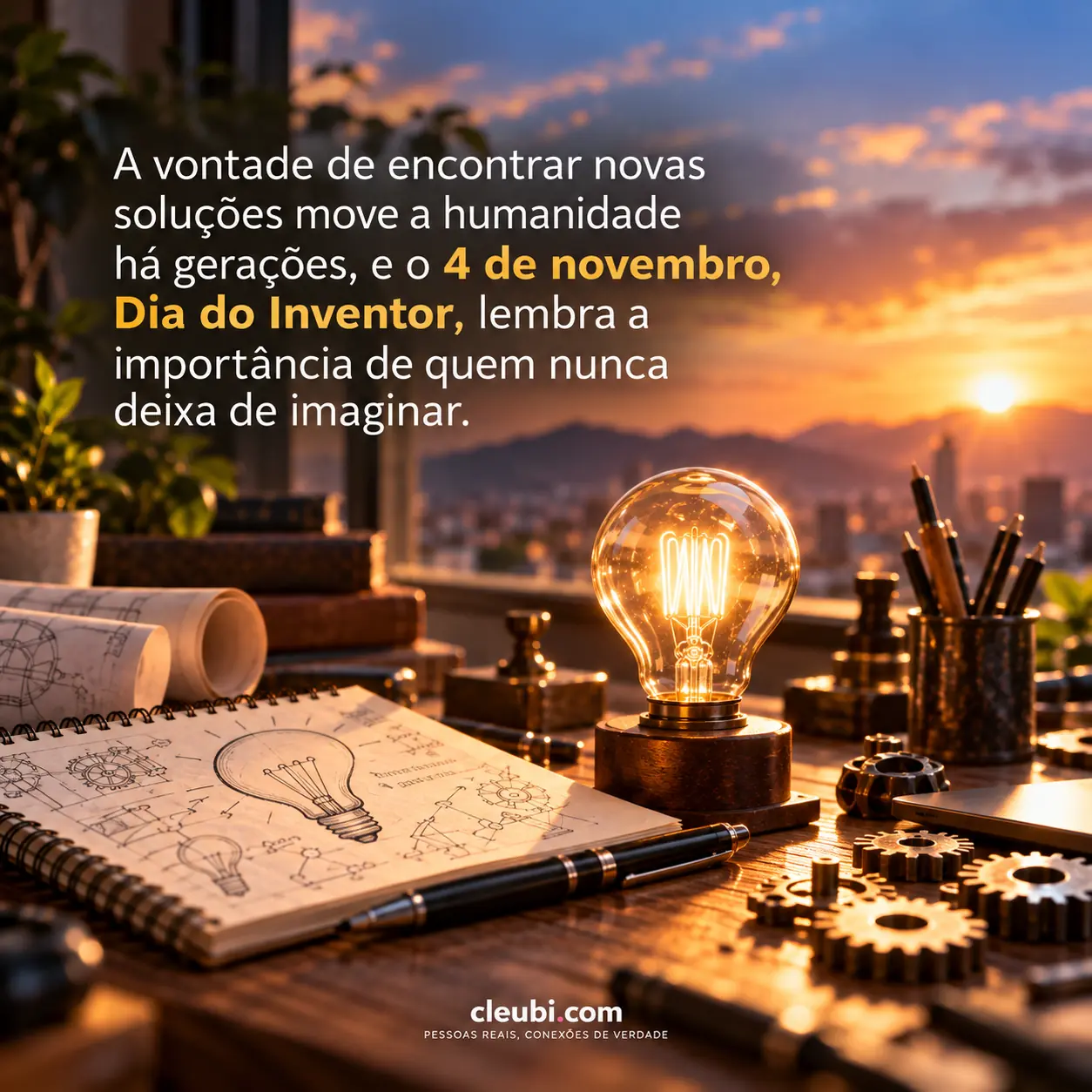 Imagem de 4 de novembro, Dia do Inventor com a mensagem: A vontade de encontrar novas soluções move a humanidade há gerações, e o 4 de novembro, Dia do Inventor, lembra a importânc
