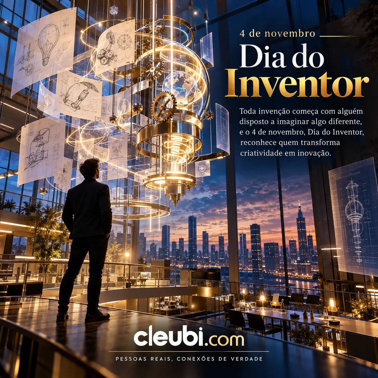 Imagem de 4 de novembro, Dia do Inventor com a mensagem: Toda invenção começa com alguém disposto a imaginar algo diferente, e o 4 de novembro, Dia do Inventor, reconhece quem tran