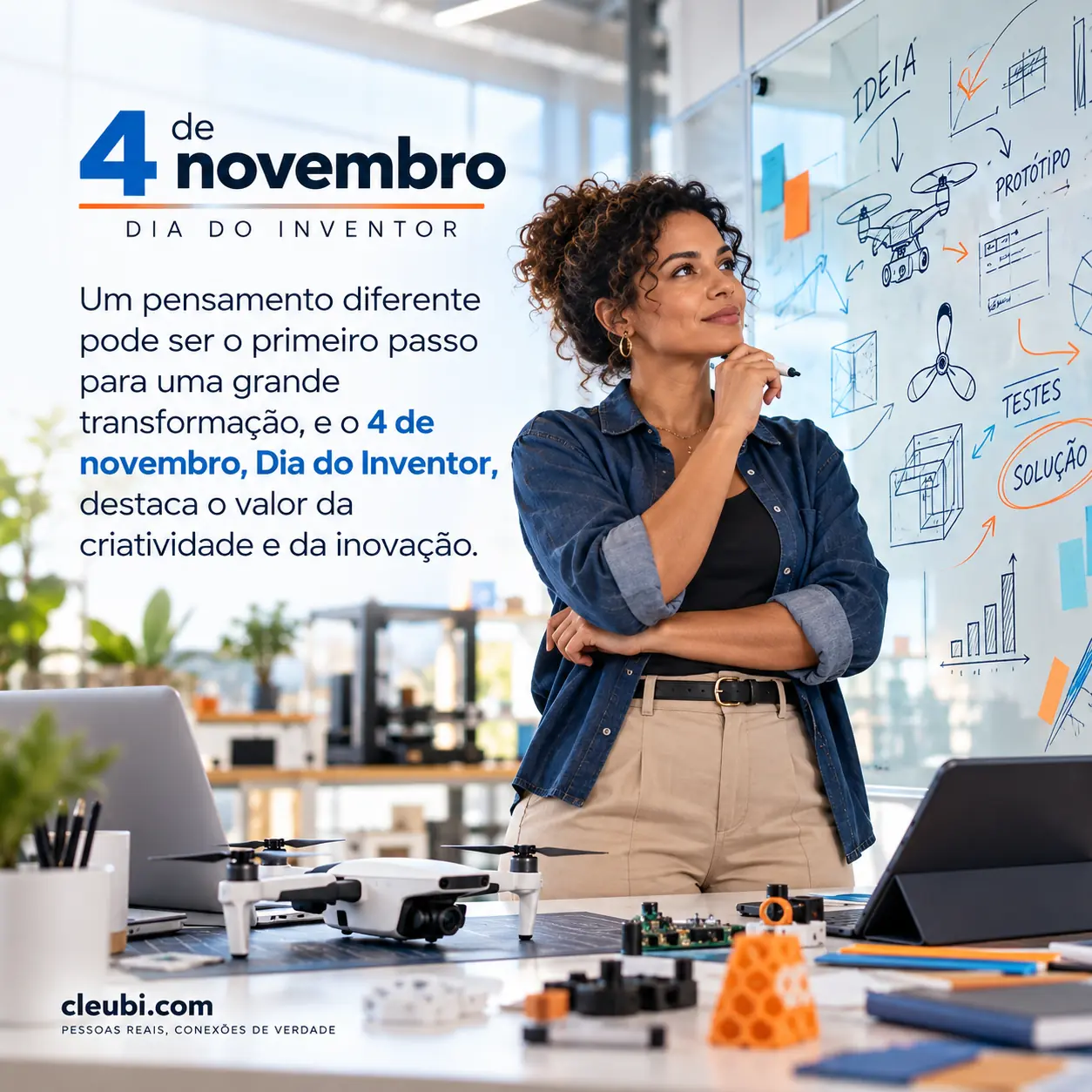Imagem de 4 de novembro, Dia do Inventor com a mensagem: Um pensamento diferente pode ser o primeiro passo para uma grande transformação, e o 4 de novembro, Dia do Inventor, destac