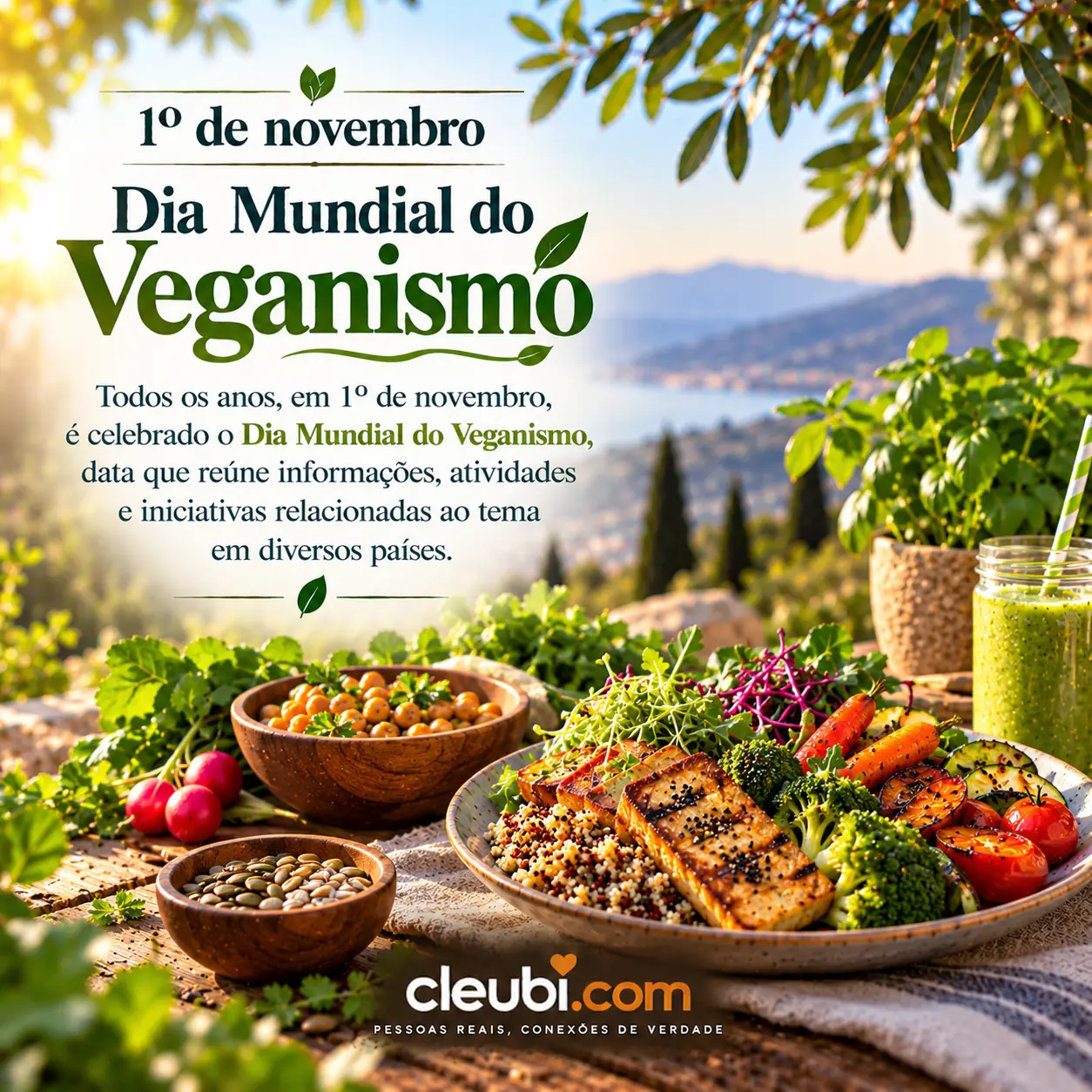 Imagem de 1º de novembro, Dia Mundial do Veganismo com a mensagem: Todos os anos, em 1º de novembro, é celebrado o Dia Mundial do Veganismo, data que reúne informações, atividades