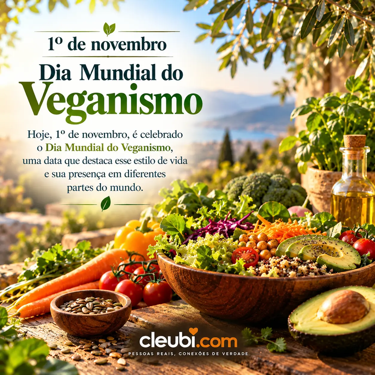 Imagem de 1º de novembro, Dia Mundial do Veganismo com a mensagem: Hoje, 1º de novembro, é celebrado o Dia Mundial do Veganismo, uma data que destaca esse estilo de vida e sua pres