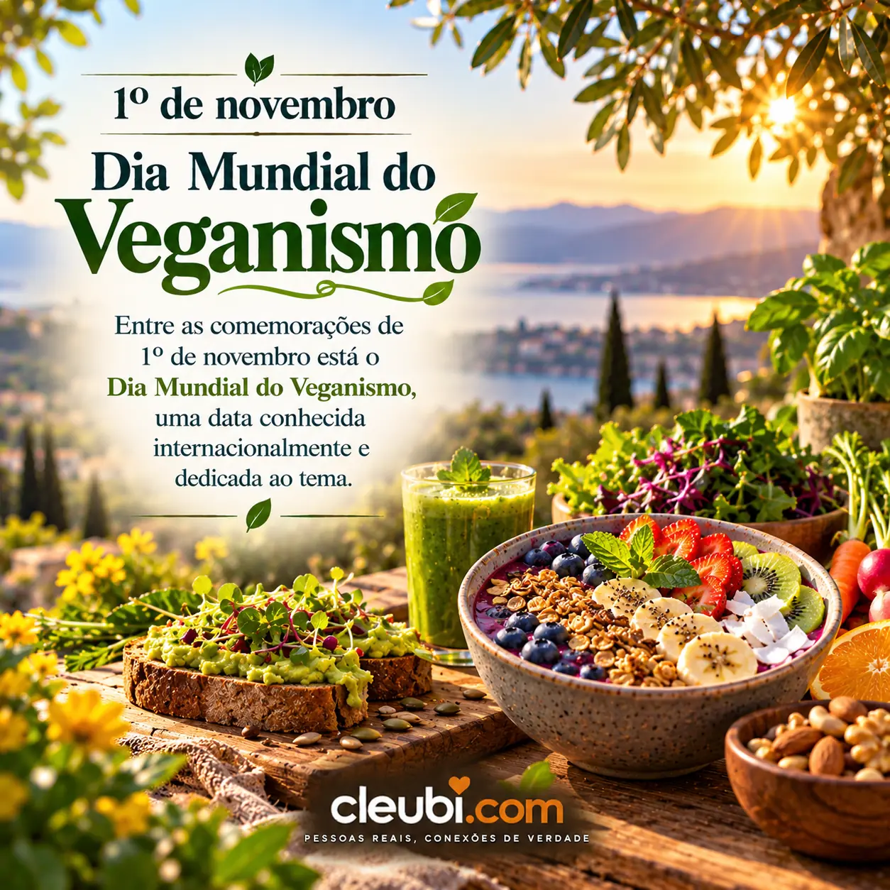Imagem de 1º de novembro, Dia Mundial do Veganismo com a mensagem: Entre as comemorações de 1º de novembro está o Dia Mundial do Veganismo, uma data conhecida internacionalmente e