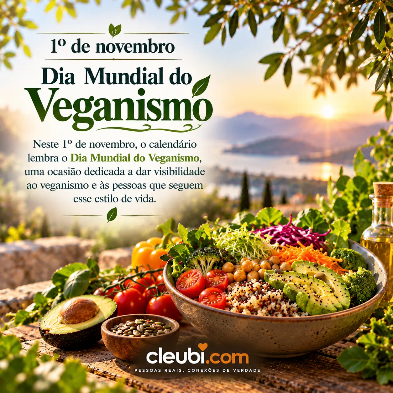 Imagem de 1º de novembro, Dia Mundial do Veganismo com a mensagem: Neste 1º de novembro, o calendário lembra o Dia Mundial do Veganismo, uma ocasião dedicada a dar visibilidade ao