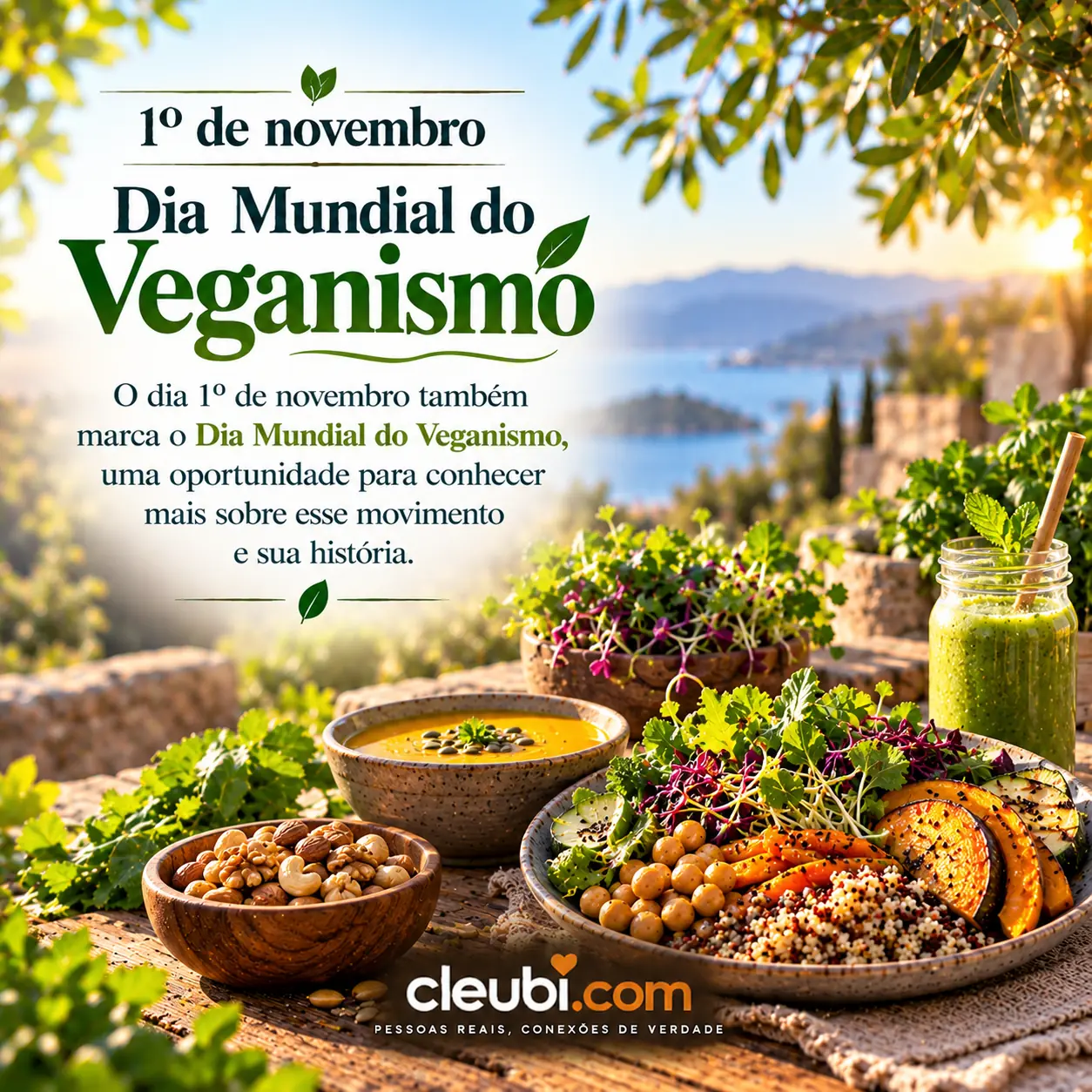 Imagem de 1º de novembro, Dia Mundial do Veganismo com a mensagem: O dia 1º de novembro também marca o Dia Mundial do Veganismo, uma oportunidade para conhecer mais sobre esse movi