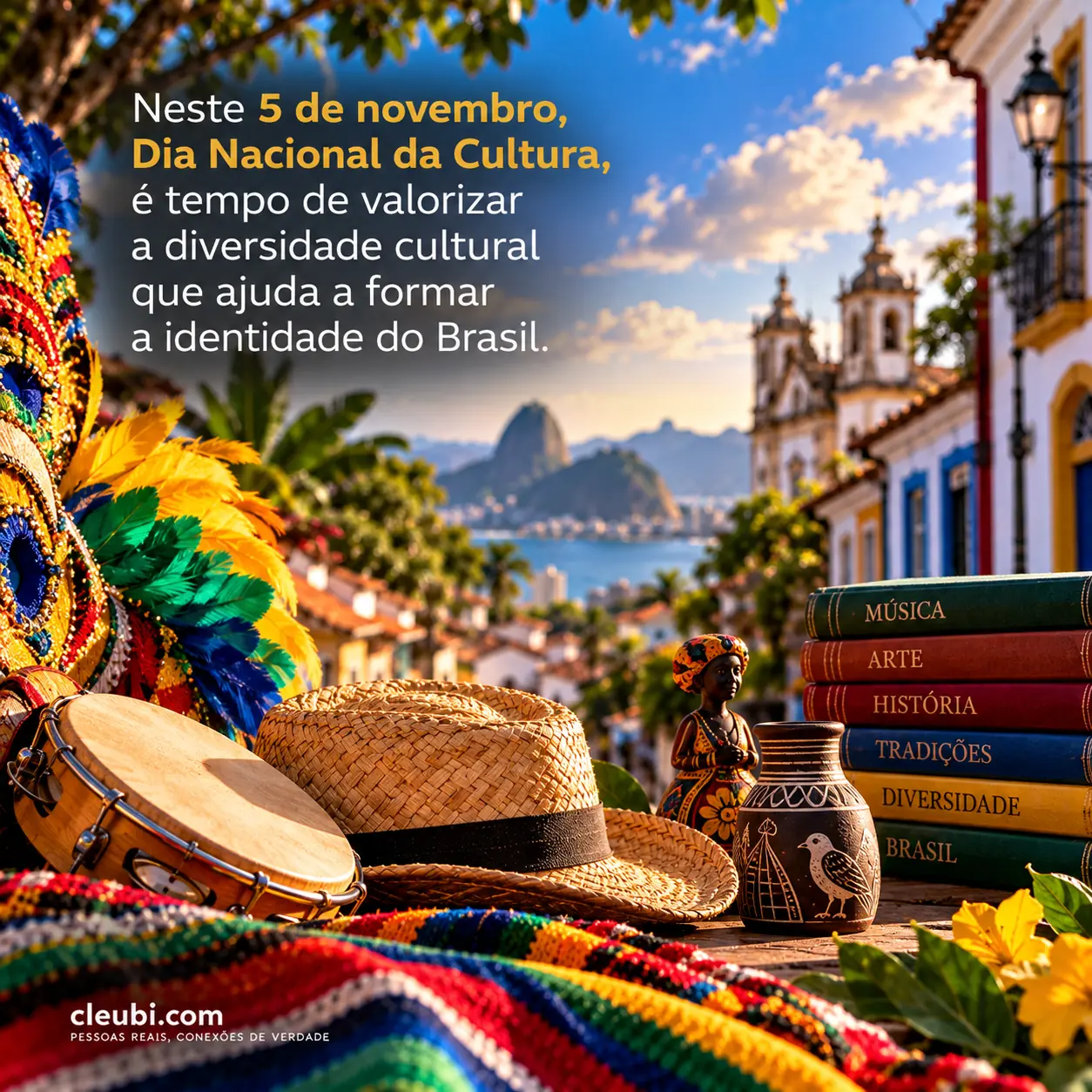 Imagem de 5 de novembro — Dia Nacional da Cultura com a mensagem: Neste 5 de novembro, Dia Nacional da Cultura, é tempo de valorizar a diversidade cultural que ajuda a formar a ide
