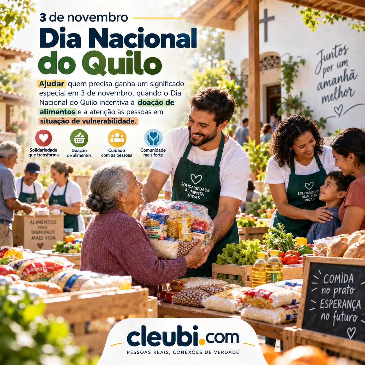 Imagem de 3 de novembro, Dia Nacional do Quilo com a mensagem: Ajudar quem precisa ganha um significado especial em 3 de novembro, quando o Dia Nacional do Quilo incentiva a doação